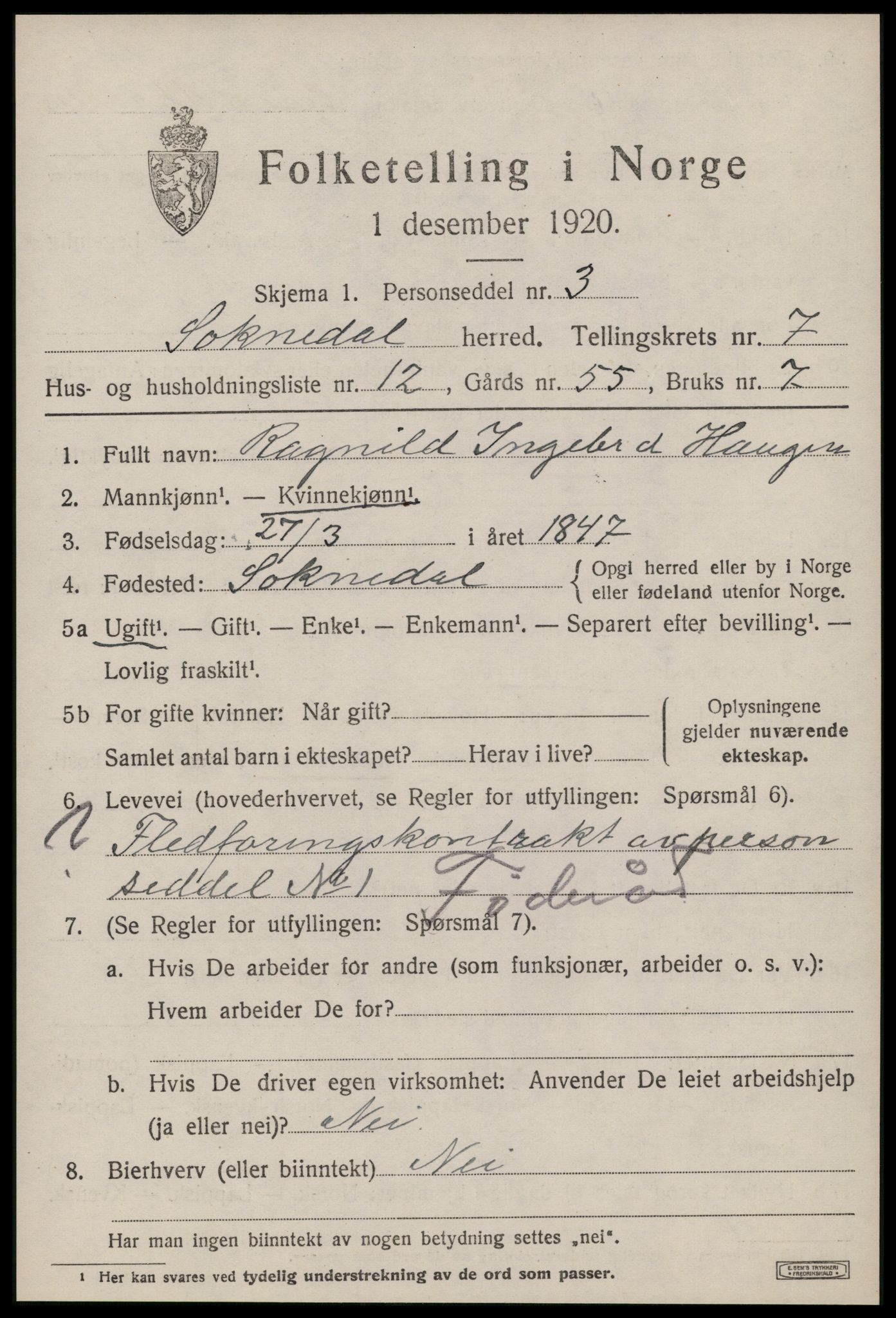 SAT, 1920 census for Soknedal, 1920, p. 3580