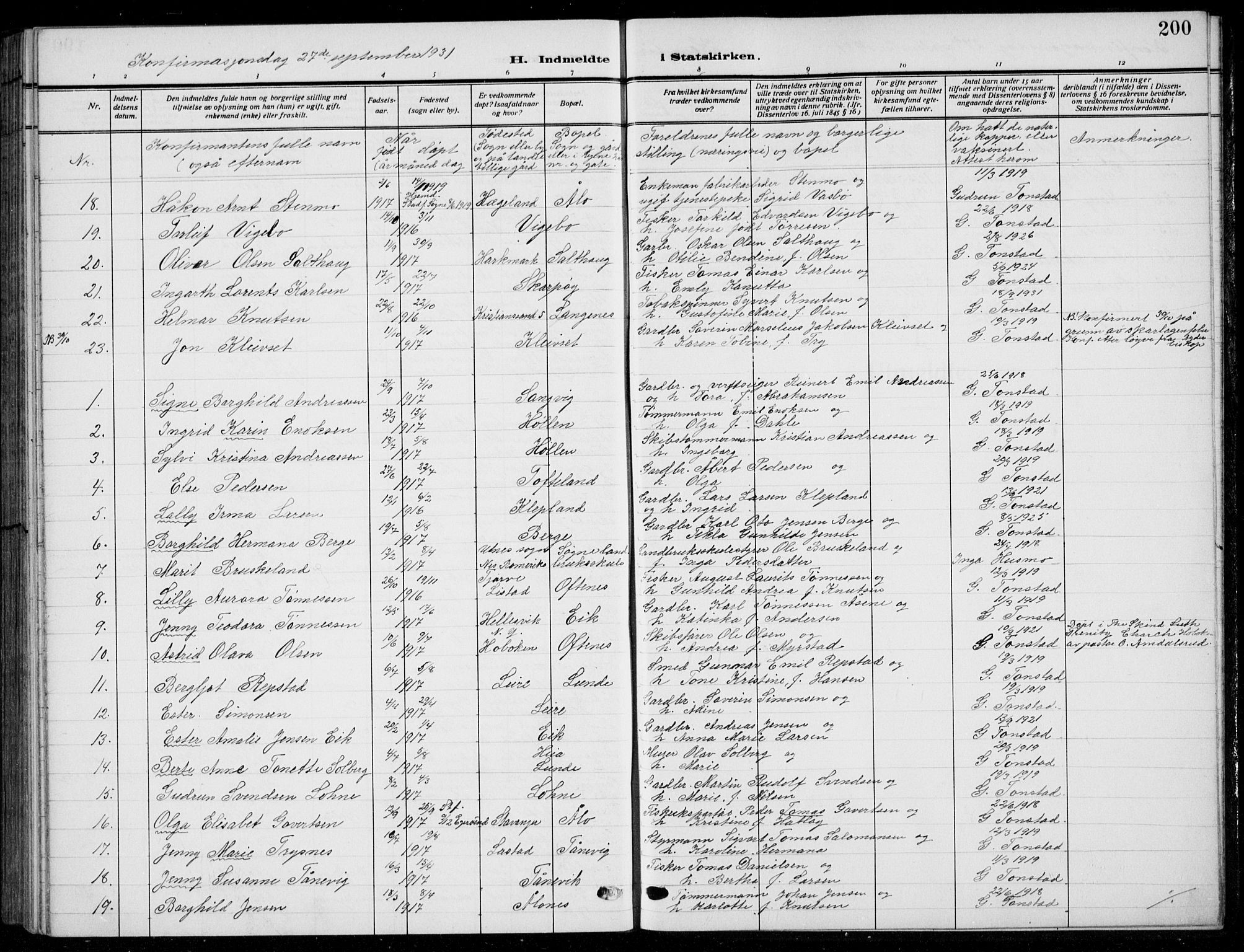Søgne sokneprestkontor, SAK/1111-0037/F/Fb/Fbb/L0007: Parish register (copy) no. B 7, 1912-1931, p. 200