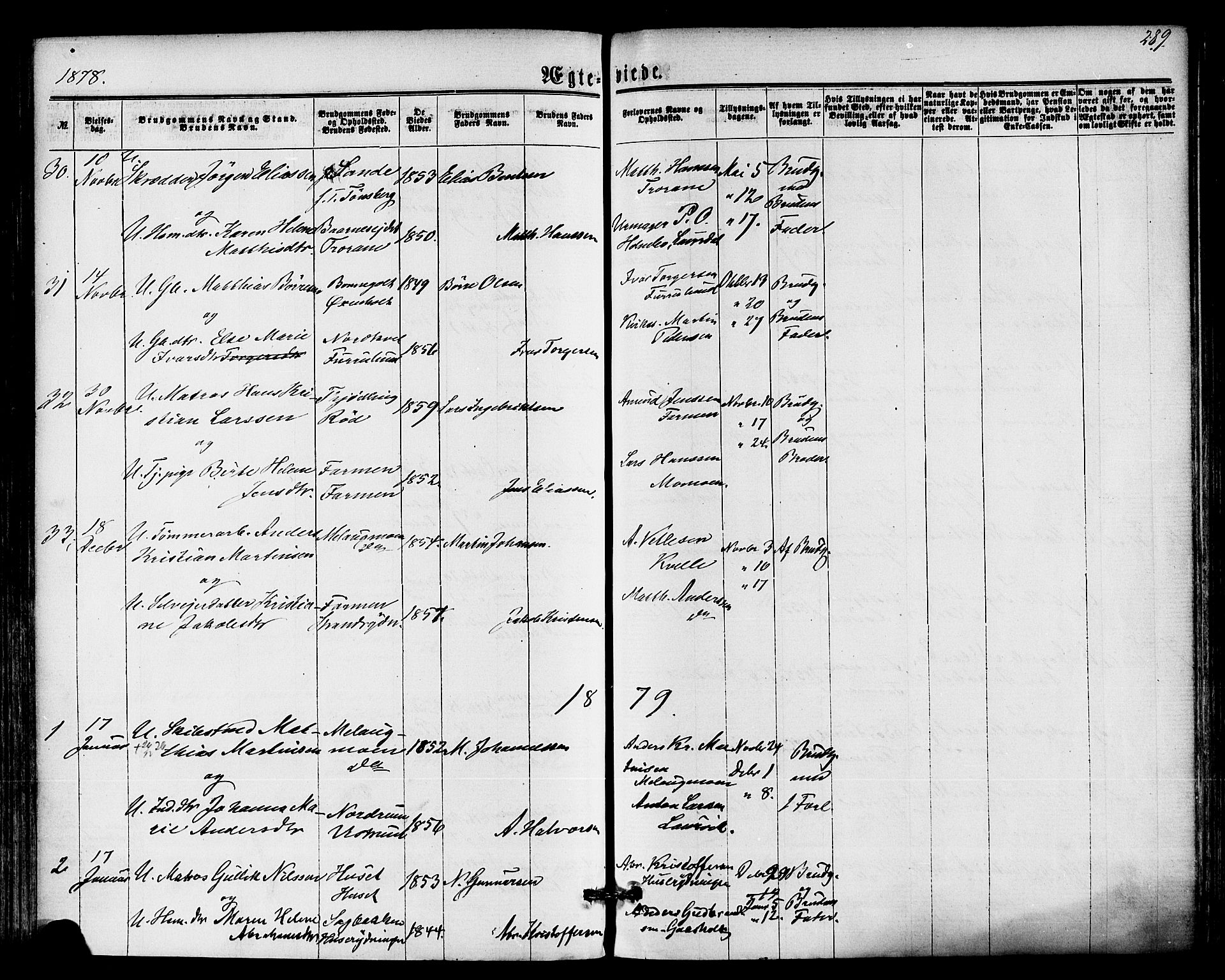 Hedrum kirkebøker, SAKO/A-344/F/Fa/L0008: Parish register (official) no. I 8, 1869-1880, p. 289