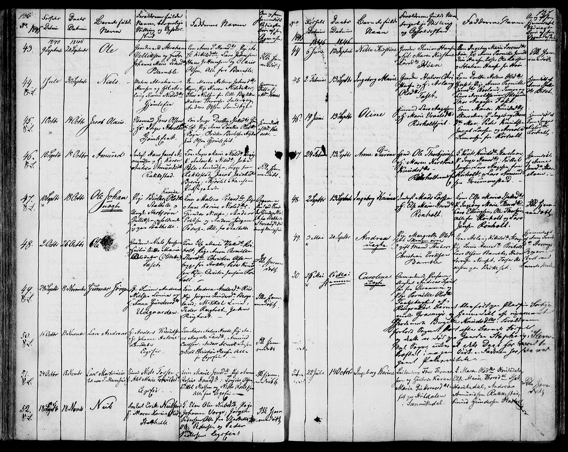 Bamble kirkebøker, AV/SAKO-A-253/F/Fa/L0004: Parish register (official) no. I 4, 1834-1853, p. 136-137