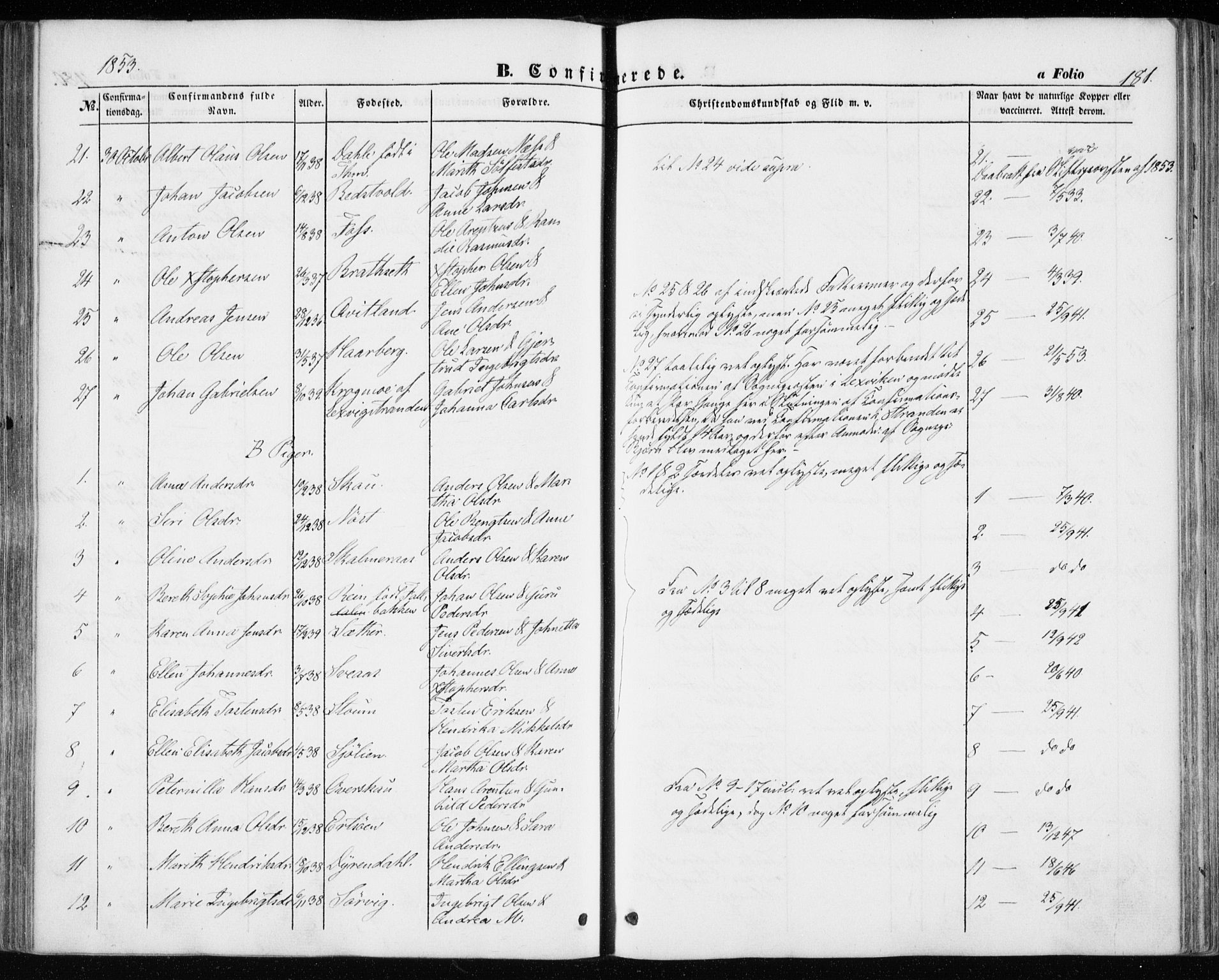 Ministerialprotokoller, klokkerbøker og fødselsregistre - Sør-Trøndelag, AV/SAT-A-1456/646/L0611: Parish register (official) no. 646A09, 1848-1857, p. 181