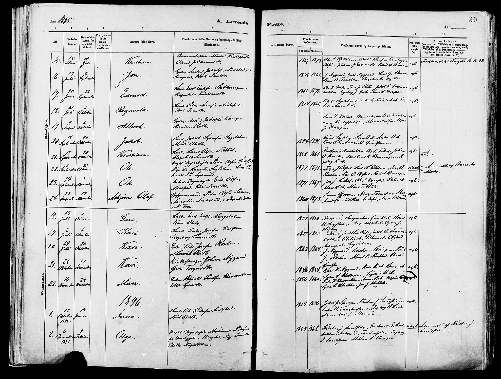 Vågå prestekontor, AV/SAH-PREST-076/H/Ha/Haa/L0008: Parish register (official) no. 8, 1886-1904, p. 30