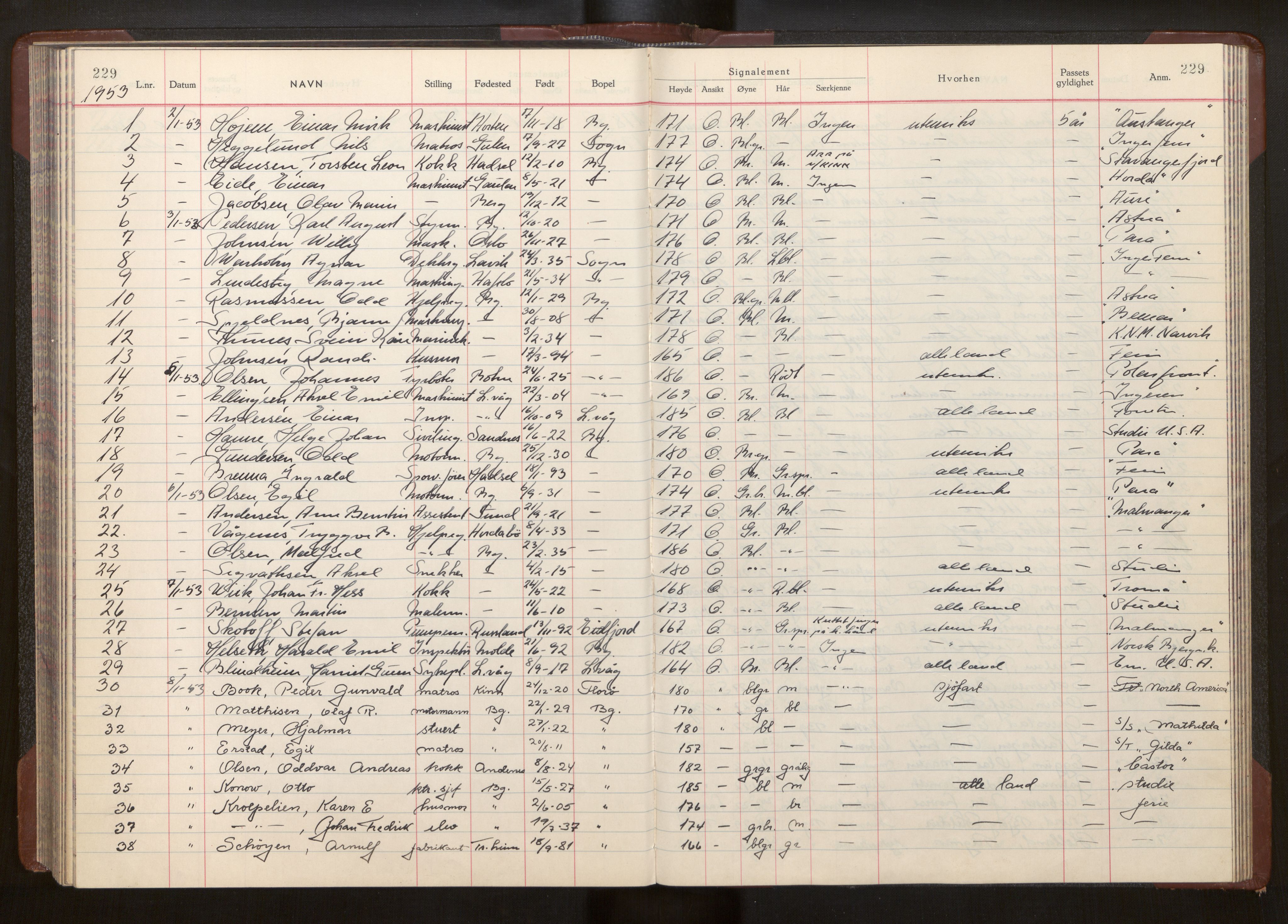 Bergen politikammer / politidistrikt, SAB/A-60401/L/La/Lab/L0019: Passprotokoll, 1951-1953, p. 229