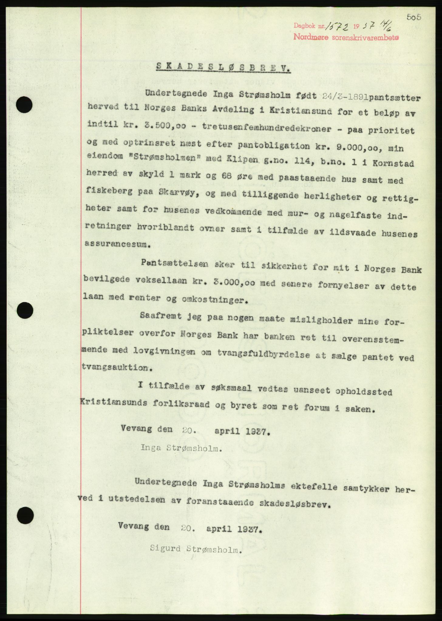 Nordmøre sorenskriveri, AV/SAT-A-4132/1/2/2Ca/L0091: Mortgage book no. B81, 1937-1937, Diary no: : 1572/1937