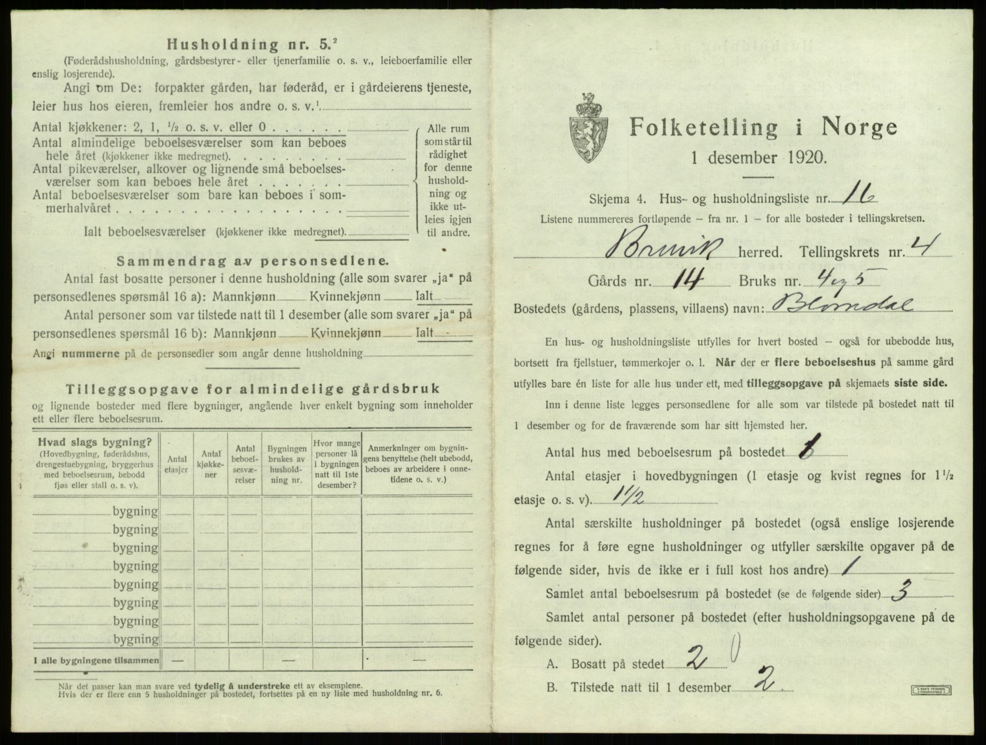 SAB, 1920 census for Bruvik, 1920, p. 268