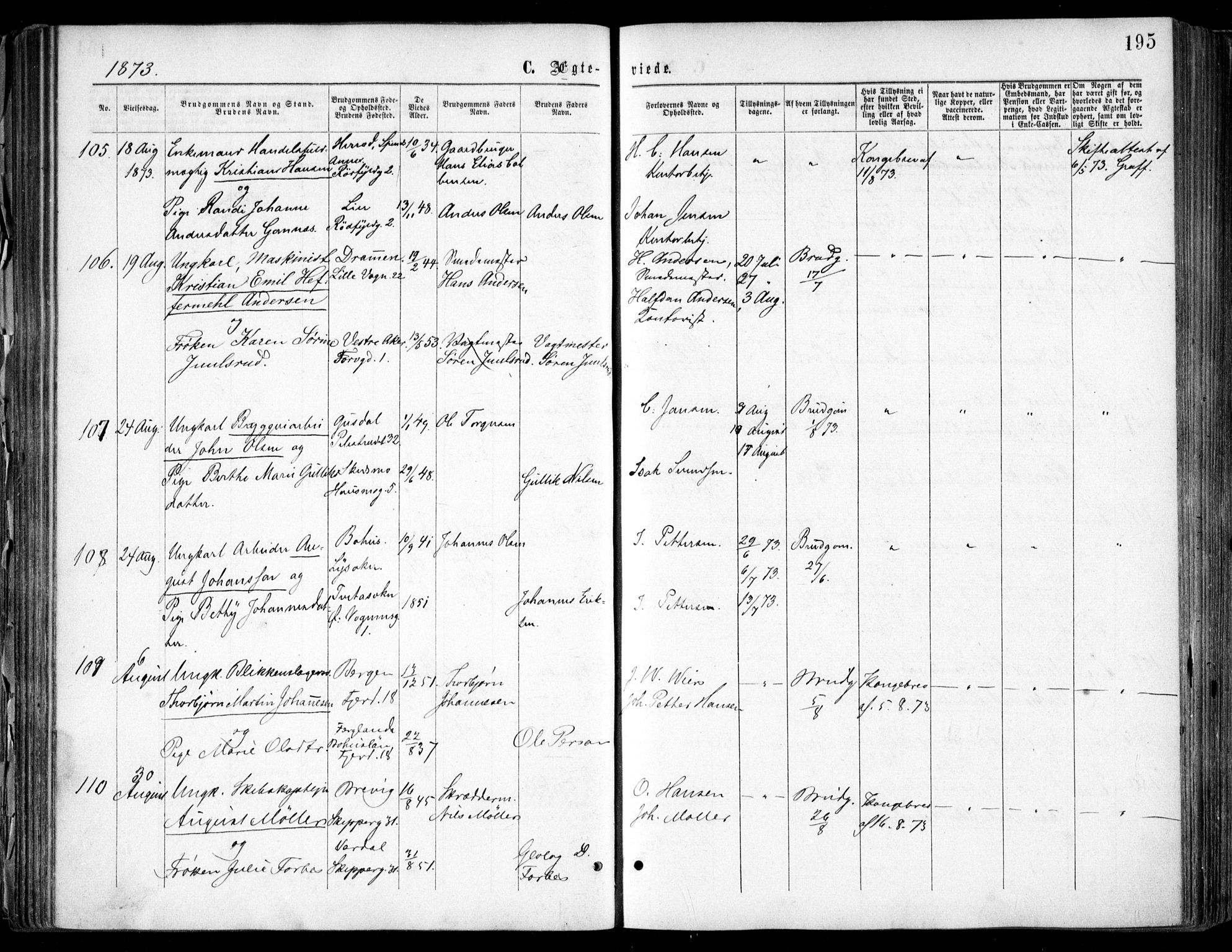Oslo domkirke Kirkebøker, SAO/A-10752/F/Fa/L0021: Parish register (official) no. 21, 1865-1884, p. 195