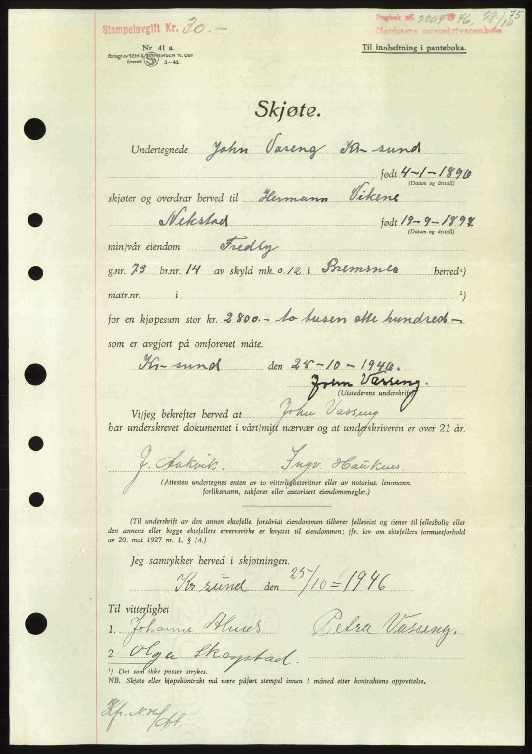 Nordmøre sorenskriveri, AV/SAT-A-4132/1/2/2Ca: Mortgage book no. A103, 1946-1947, Diary no: : 2204/1946