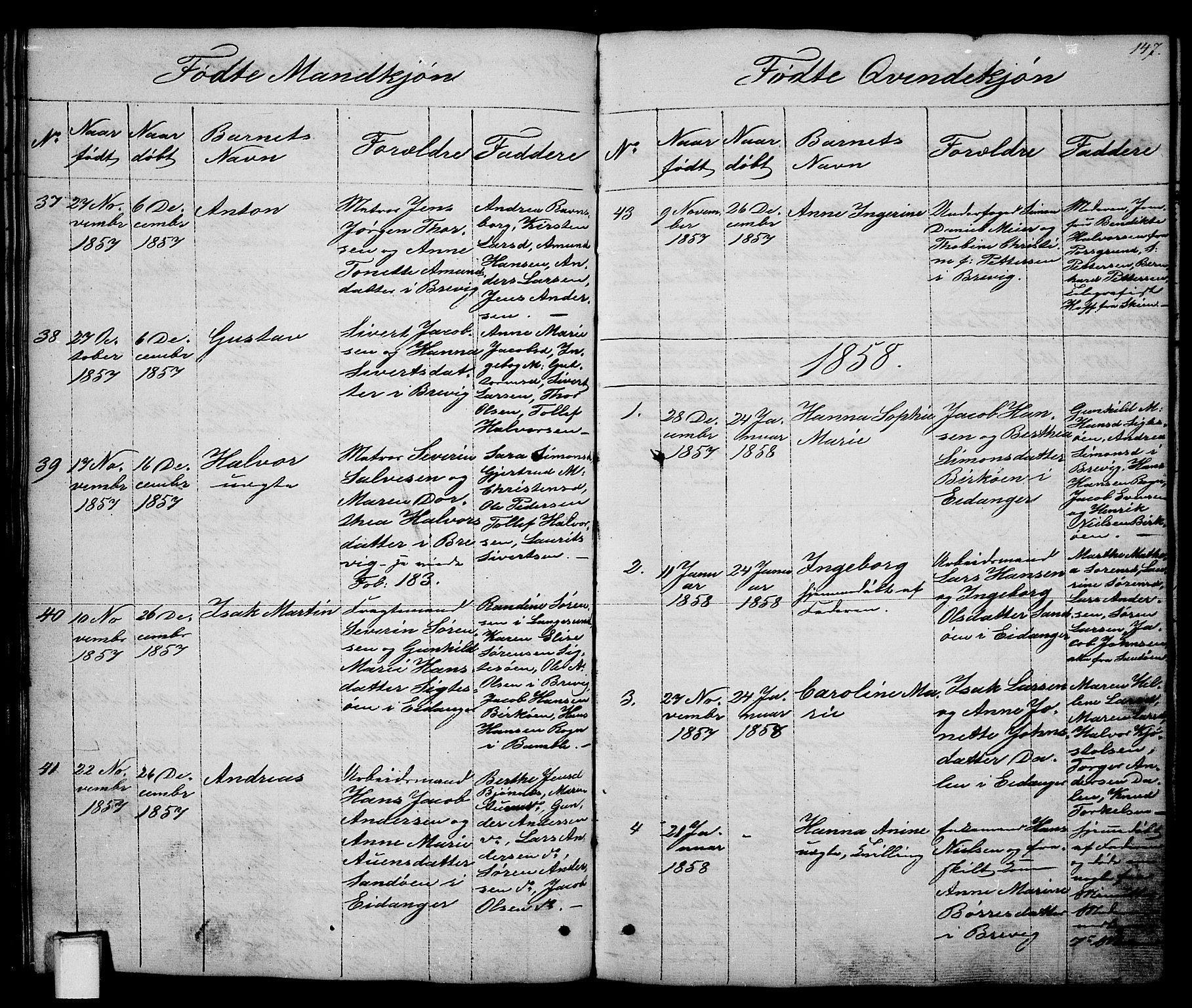 Brevik kirkebøker, SAKO/A-255/G/Ga/L0002: Parish register (copy) no. 2, 1846-1865, p. 147