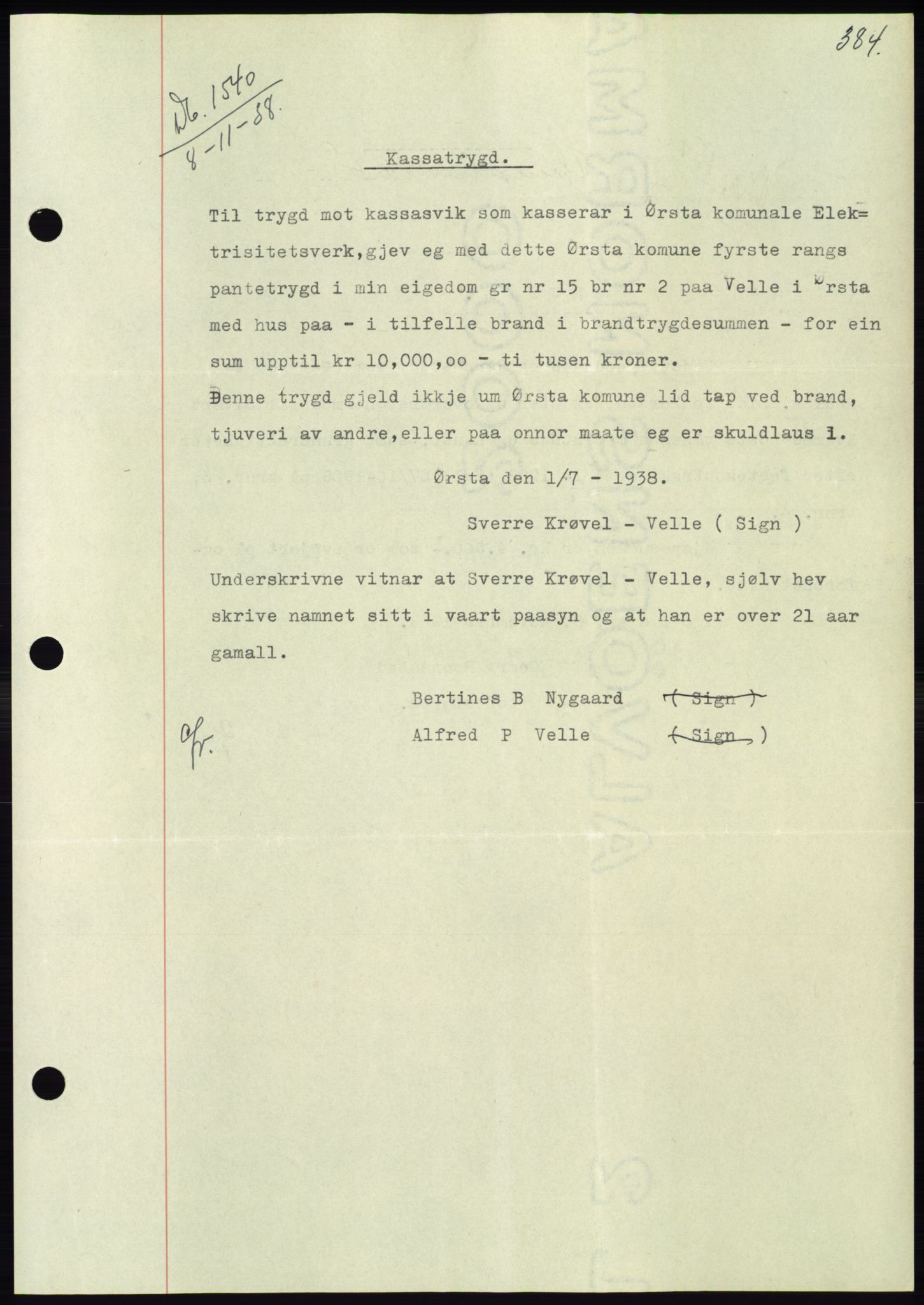 Søre Sunnmøre sorenskriveri, AV/SAT-A-4122/1/2/2C/L0066: Mortgage book no. 60, 1938-1938, Diary no: : 1540/1938