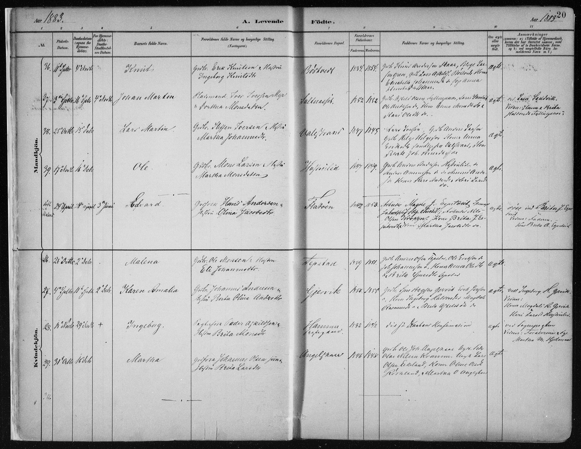 Hamre sokneprestembete, AV/SAB-A-75501/H/Ha/Haa/Haab/L0001: Parish register (official) no. B  1, 1882-1905, p. 20