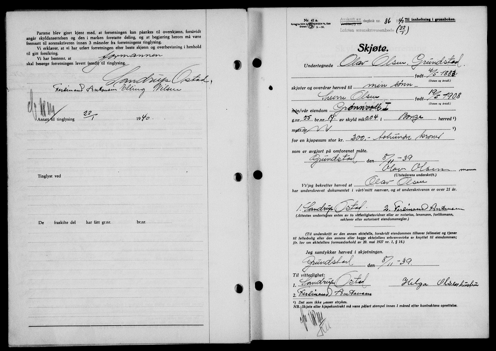 Lofoten sorenskriveri, SAT/A-0017/1/2/2C/L0007a: Mortgage book no. 7a, 1939-1940, Diary no: : 86/1940