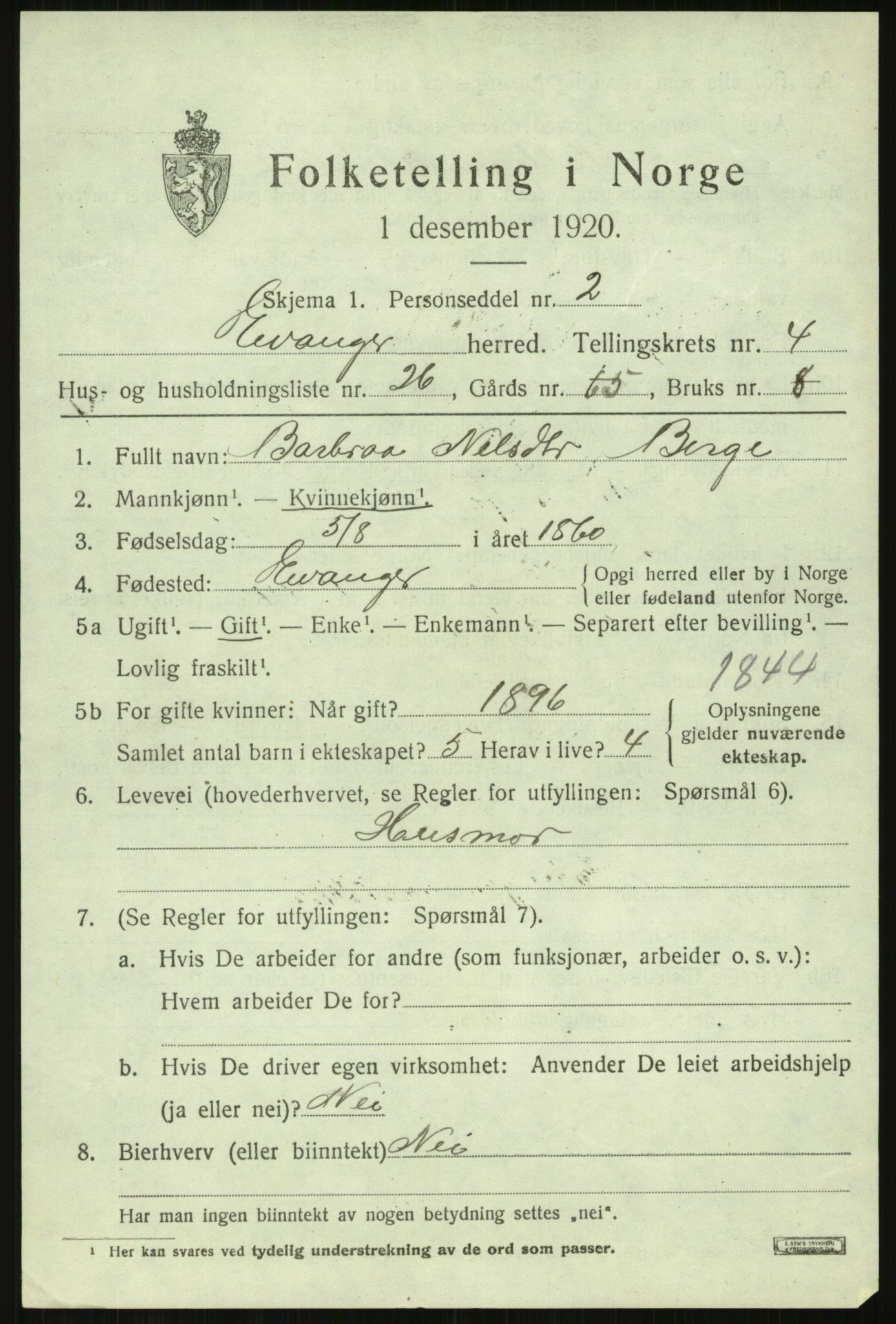 SAB, 1920 census for Evanger, 1920, p. 1651