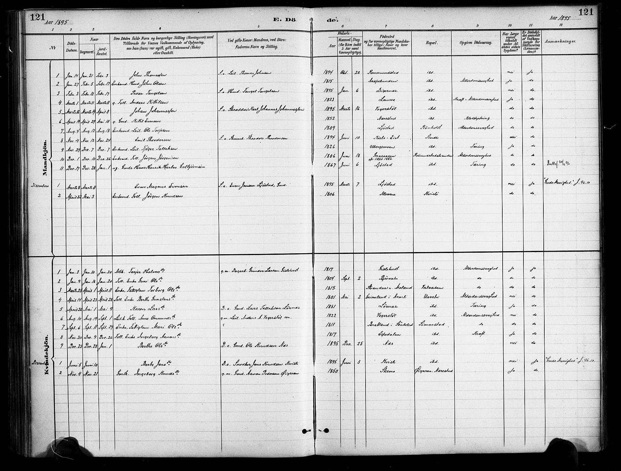Gjerstad sokneprestkontor, AV/SAK-1111-0014/F/Fa/Fab/L0005: Parish register (official) no. A 5, 1891-1908, p. 121
