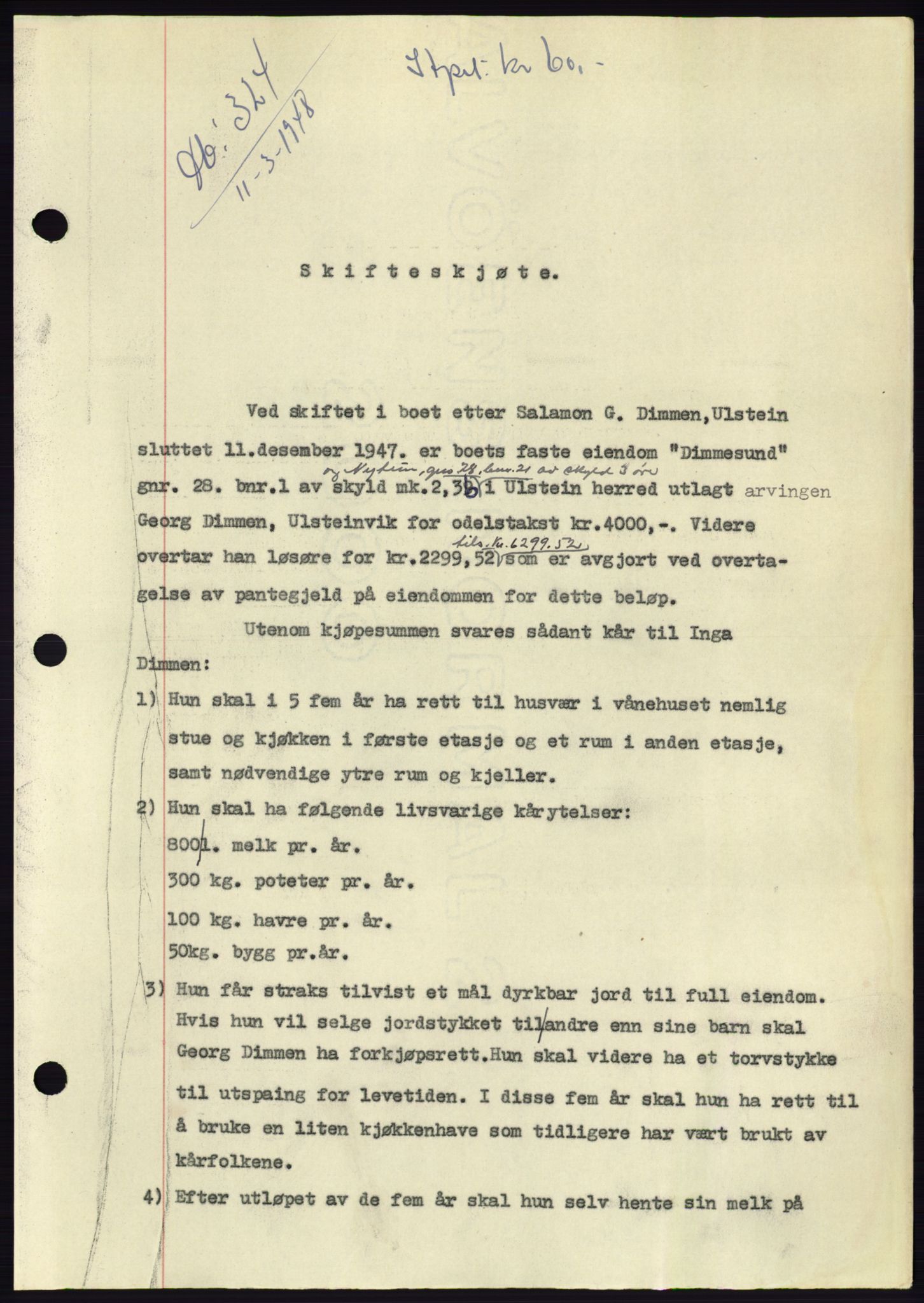 Søre Sunnmøre sorenskriveri, AV/SAT-A-4122/1/2/2C/L0082: Mortgage book no. 8A, 1948-1948, Diary no: : 324/1948