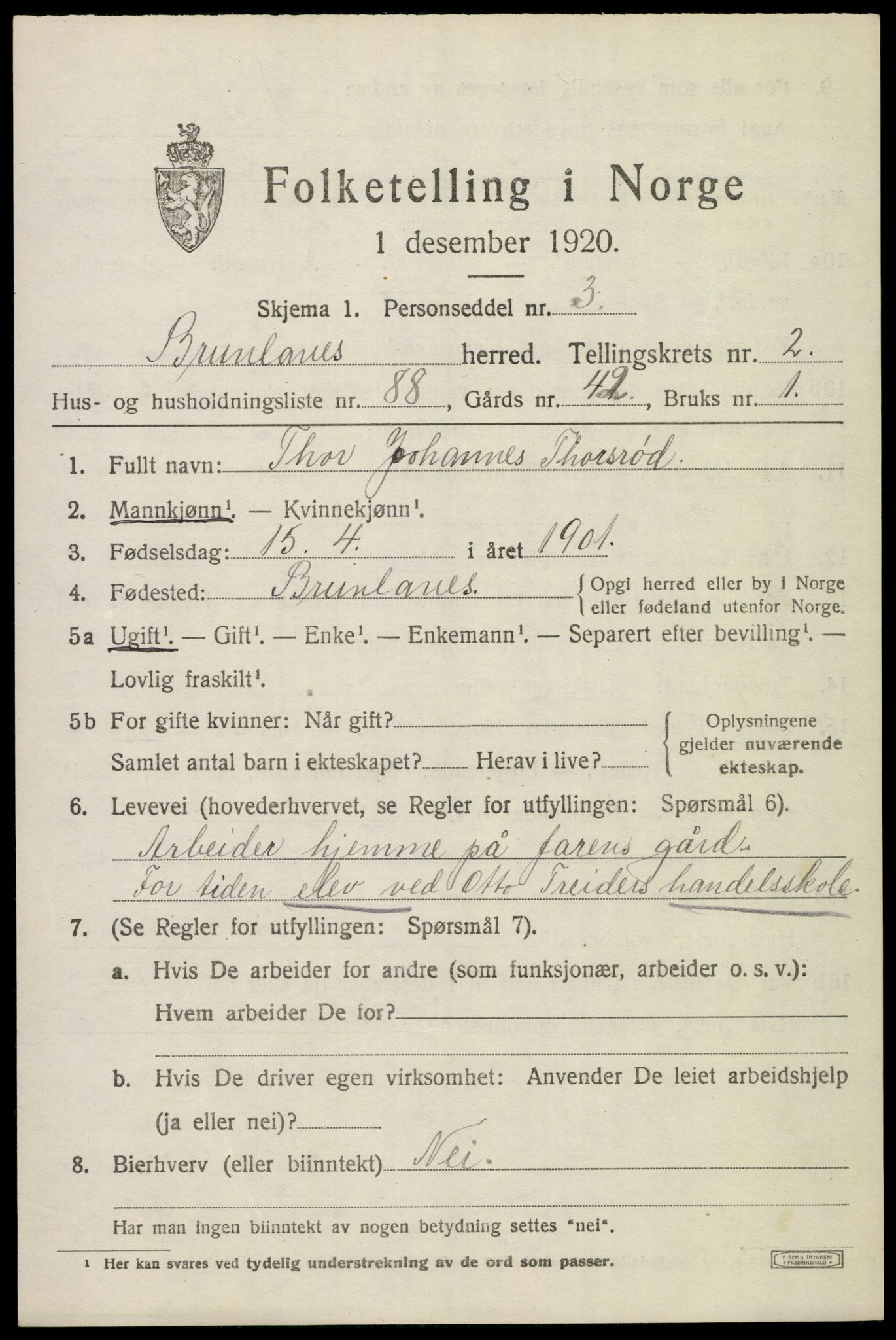 SAKO, 1920 census for Brunlanes, 1920, p. 4483