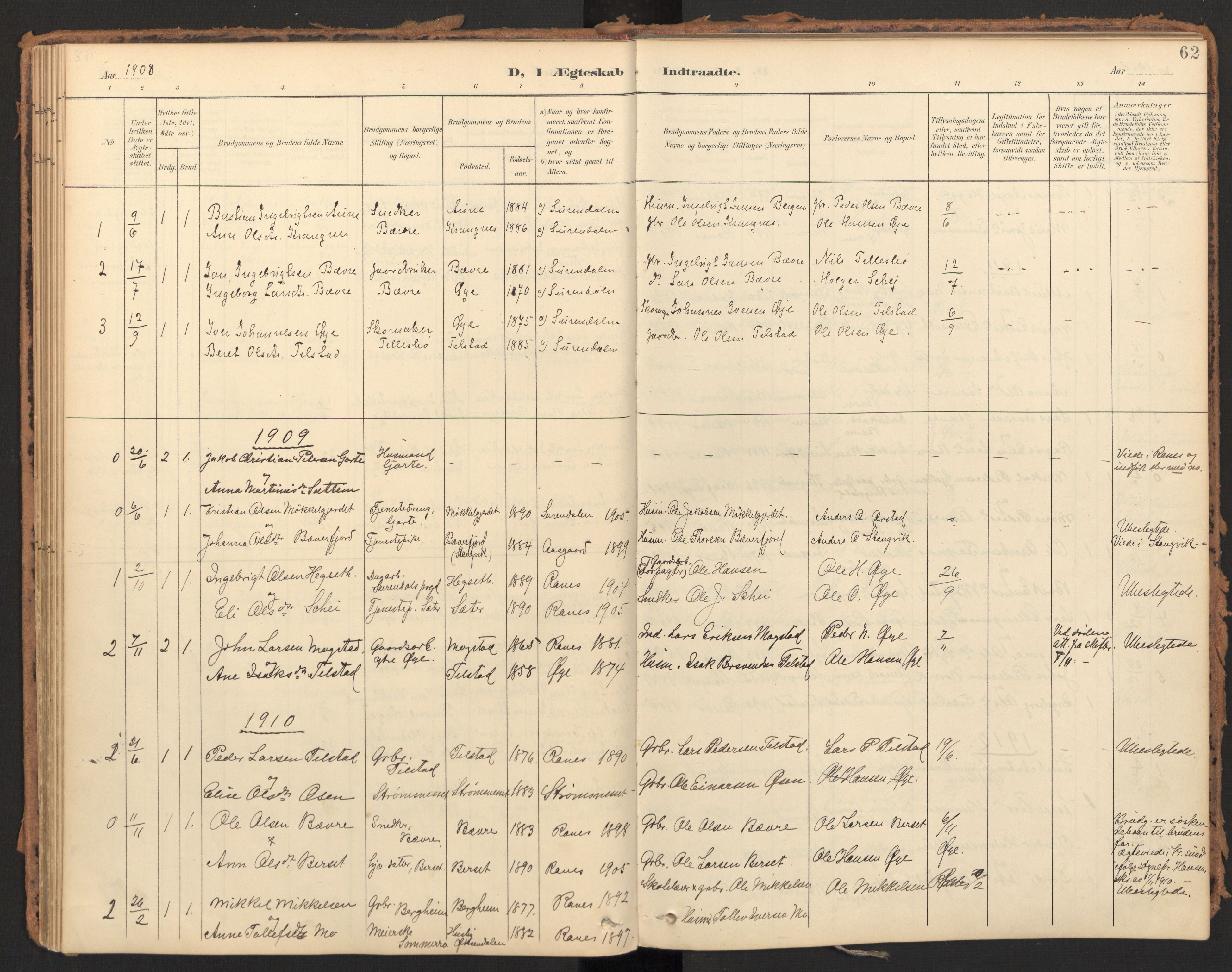 Ministerialprotokoller, klokkerbøker og fødselsregistre - Møre og Romsdal, SAT/A-1454/595/L1048: Parish register (official) no. 595A10, 1900-1917, p. 62
