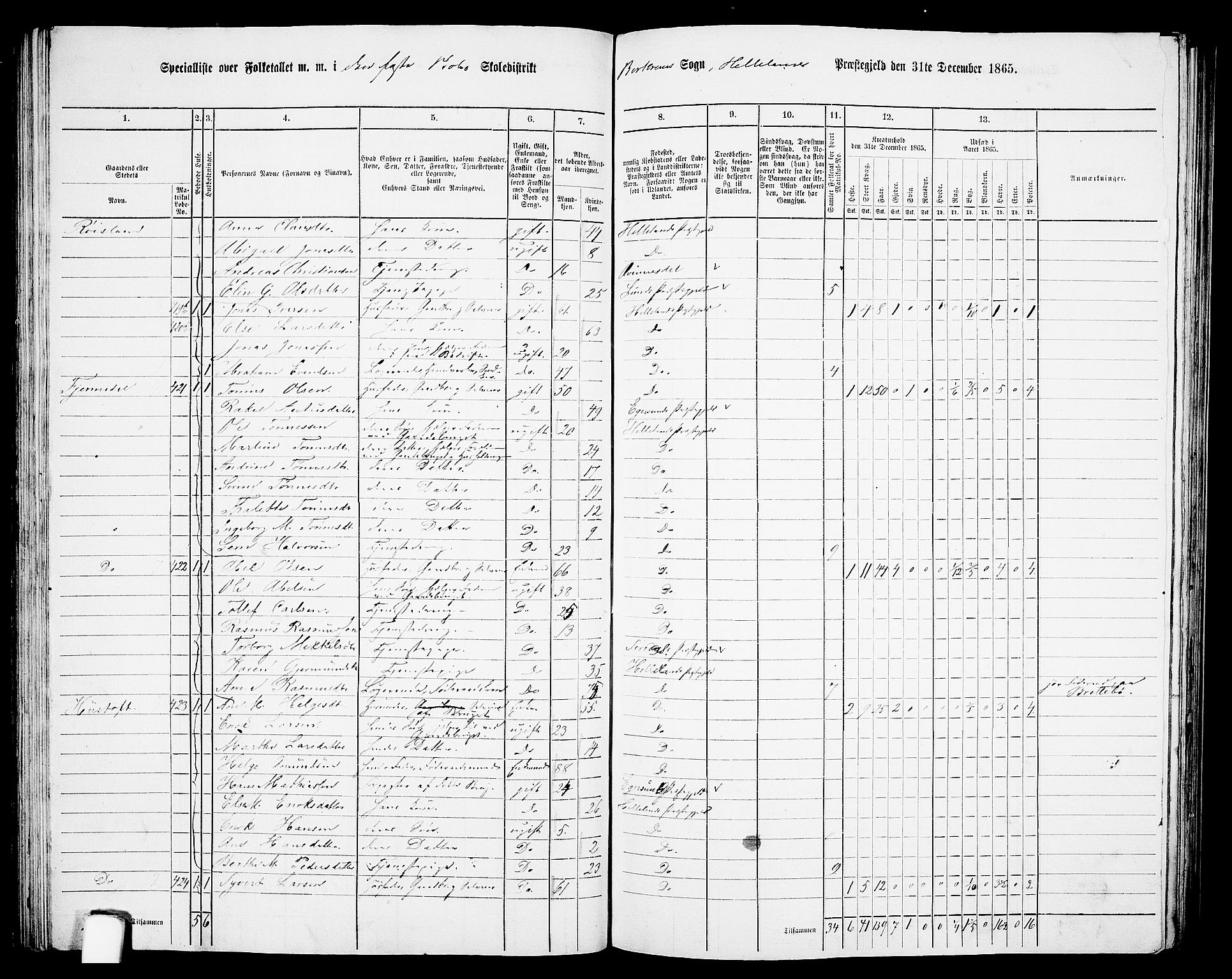 RA, 1865 census for Helleland, 1865, p. 73