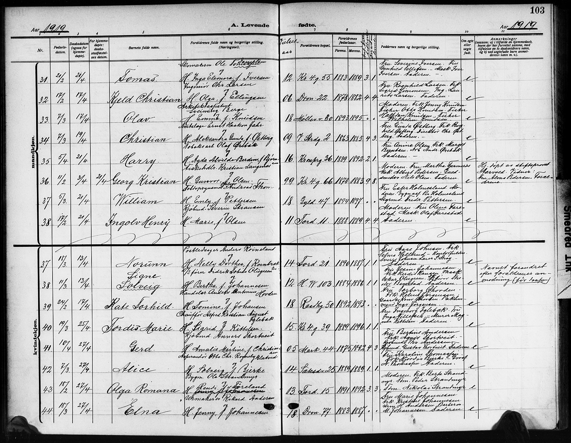 Kristiansand domprosti, SAK/1112-0006/F/Fb/L0021: Parish register (copy) no. B 21, 1914-1923, p. 103