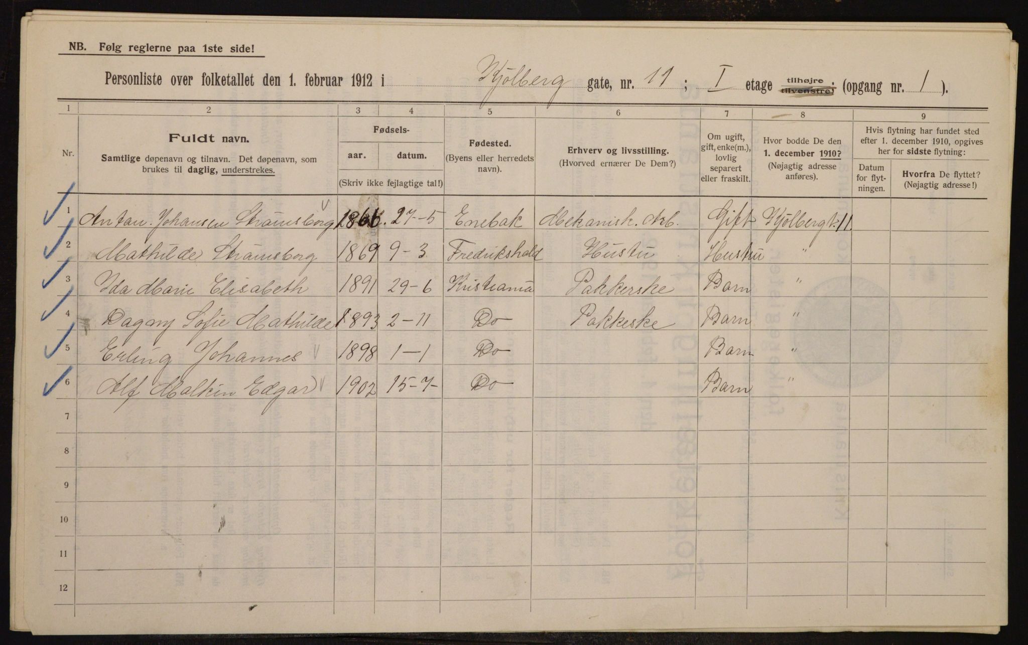 OBA, Municipal Census 1912 for Kristiania, 1912, p. 51764