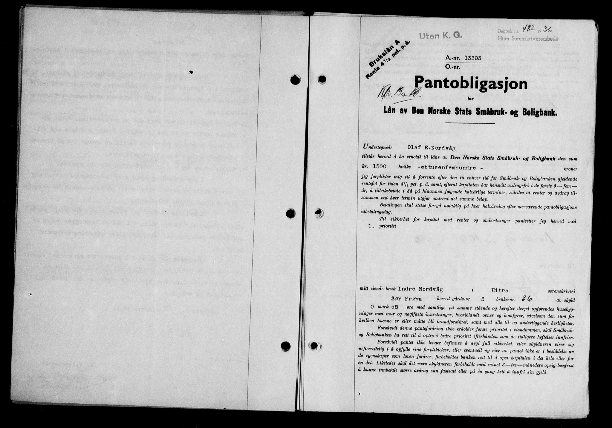 Hitra sorenskriveri, AV/SAT-A-0018/2/2C/2Ca/L0028: Mortgage book no. B-1, 1936-1939, Diary no: : 482/1936