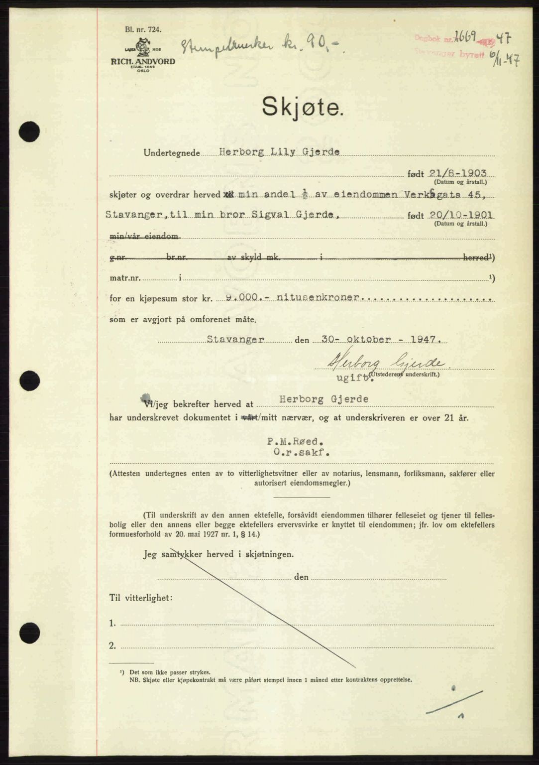 Stavanger byrett, SAST/A-100455/002/G/Gb/L0022: Mortgage book no. A11, 1947-1948, Diary no: : 2669/1947