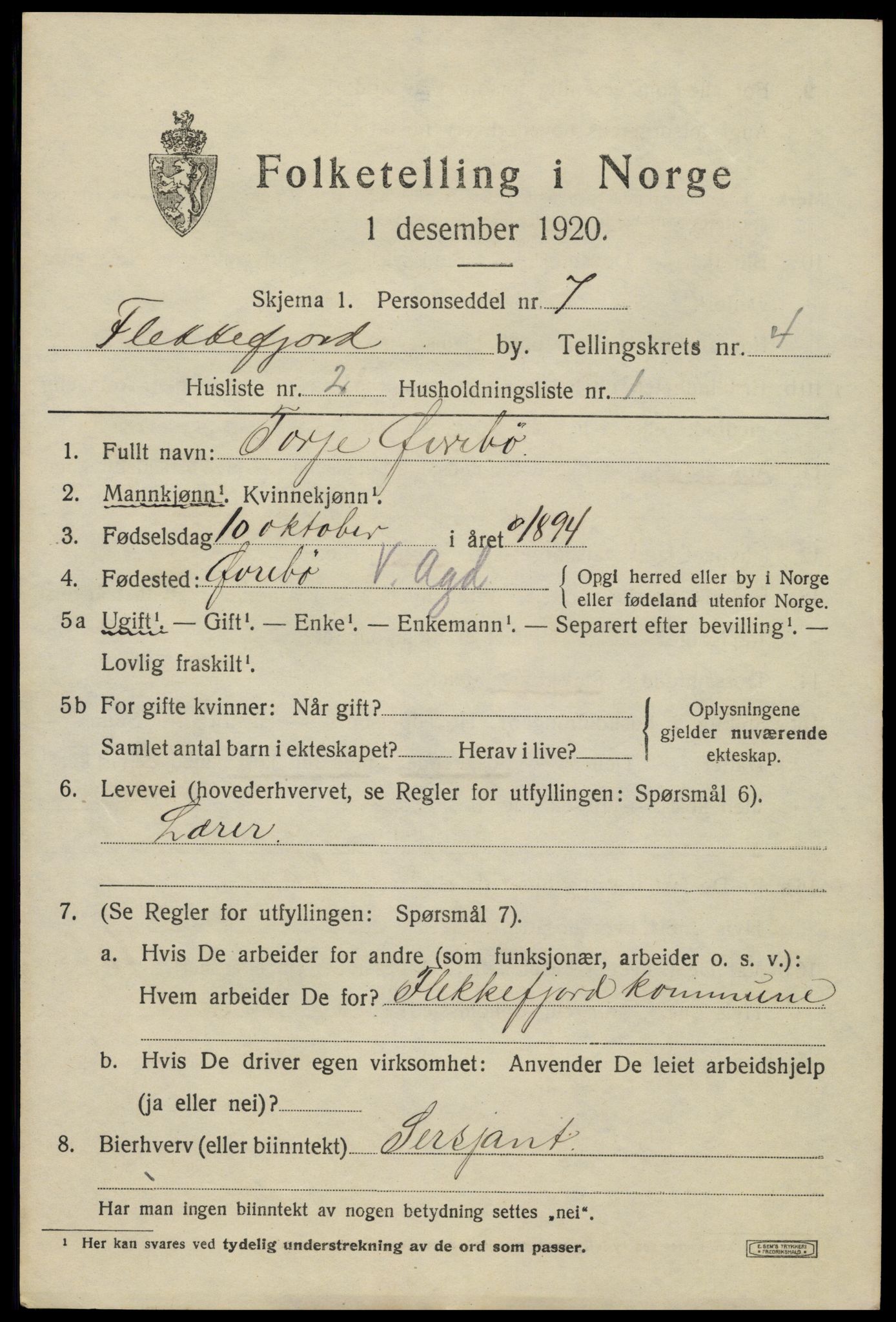 SAK, 1920 census for Flekkefjord, 1920, p. 4462