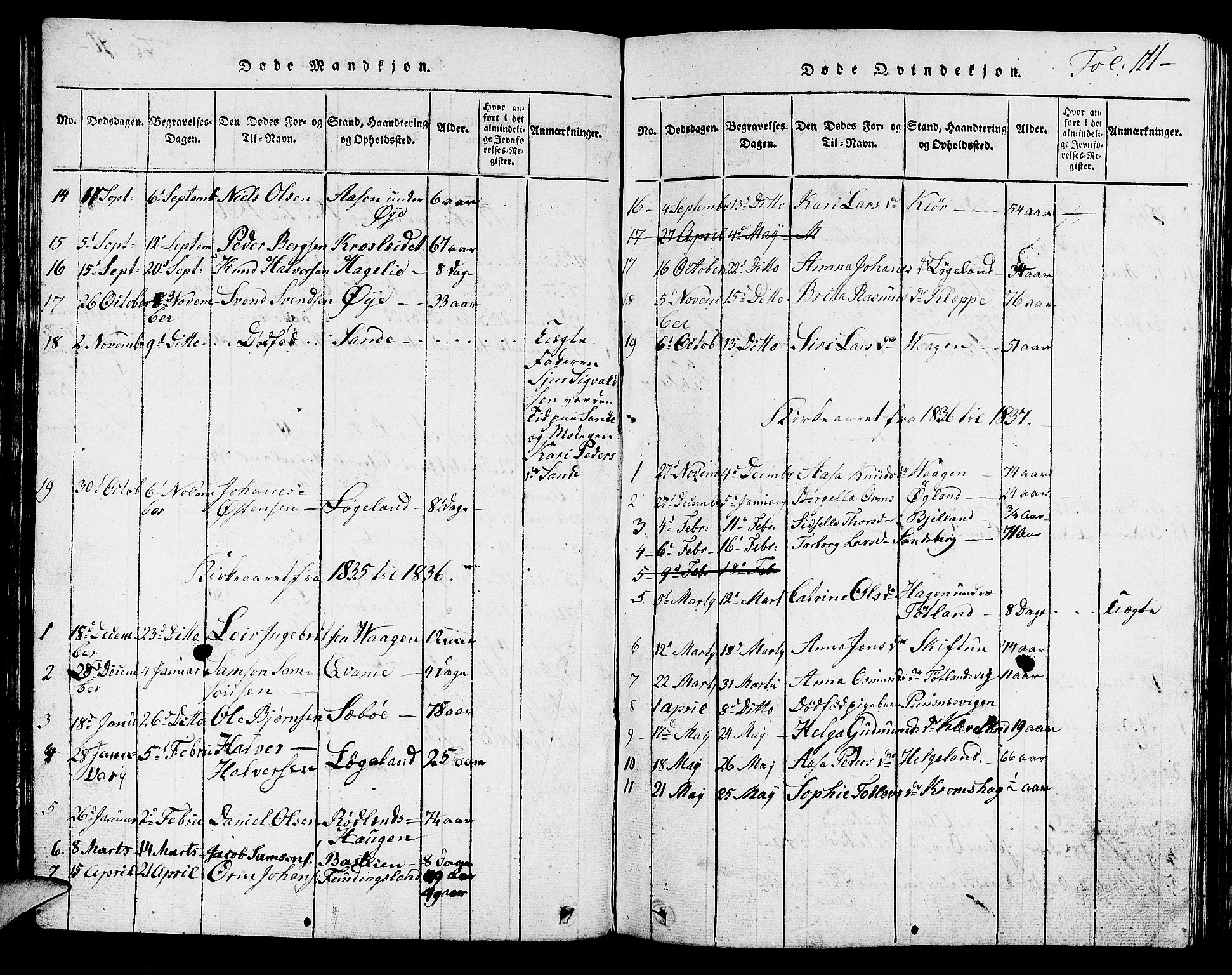 Hjelmeland sokneprestkontor, SAST/A-101843/01/V/L0001: Parish register (copy) no. B 1, 1816-1841, p. 111