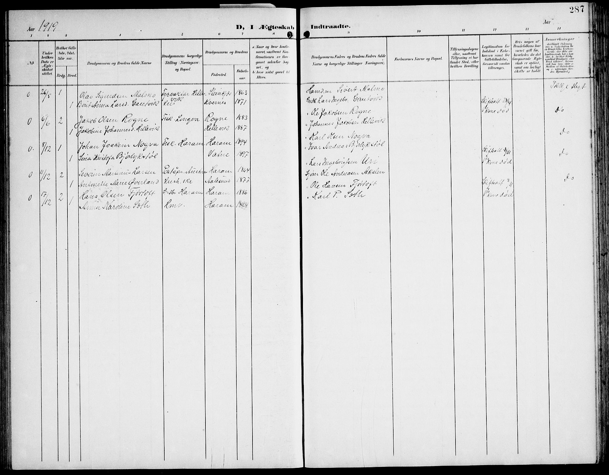 Ministerialprotokoller, klokkerbøker og fødselsregistre - Møre og Romsdal, SAT/A-1454/536/L0511: Parish register (copy) no. 536C06, 1899-1944, p. 287