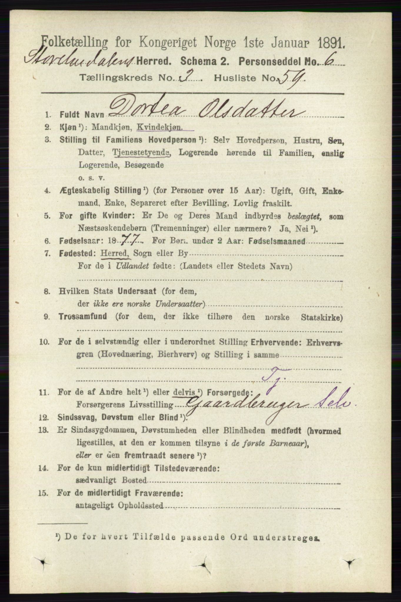 RA, 1891 census for 0430 Stor-Elvdal, 1891, p. 1260