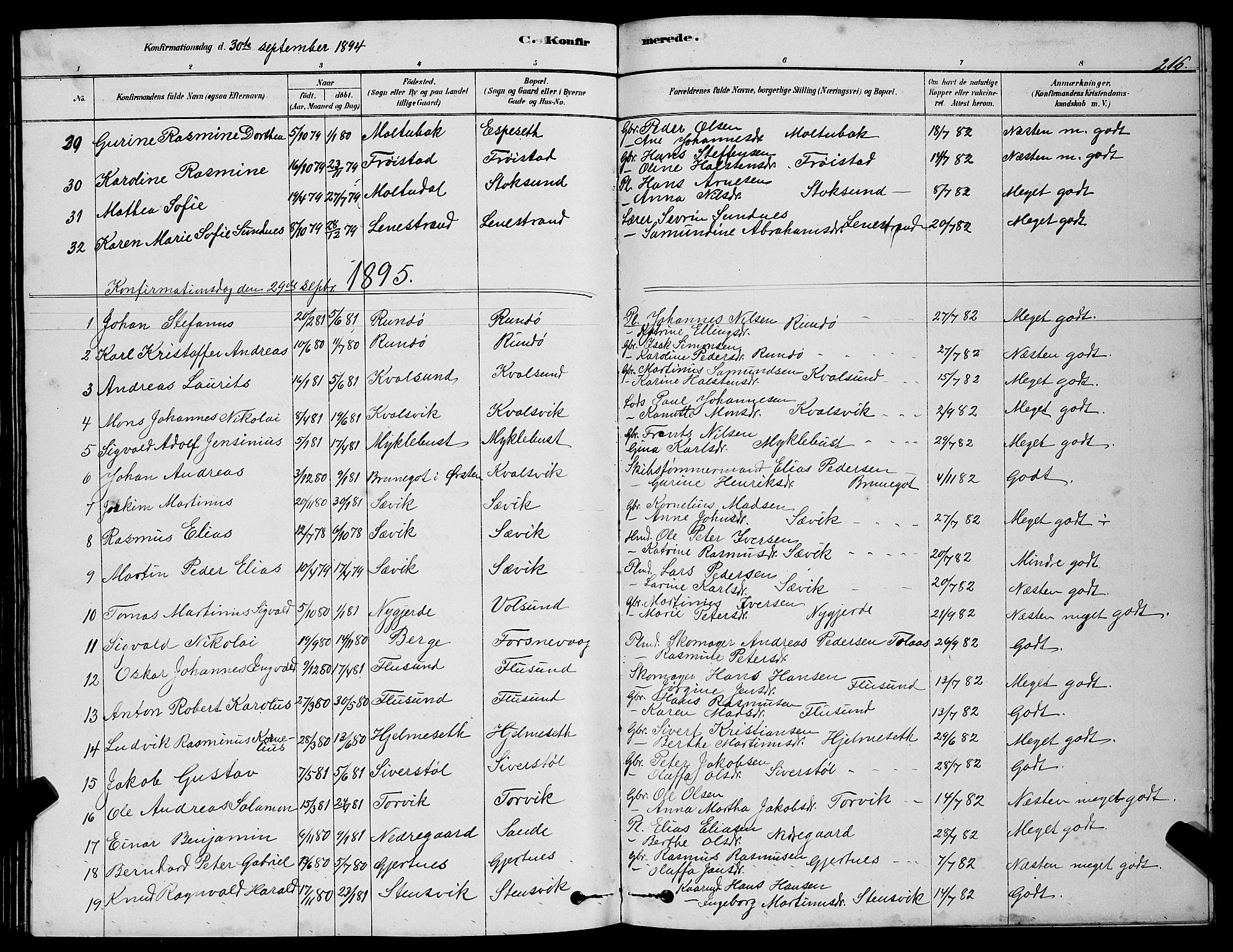 Ministerialprotokoller, klokkerbøker og fødselsregistre - Møre og Romsdal, AV/SAT-A-1454/507/L0081: Parish register (copy) no. 507C04, 1878-1898, p. 216