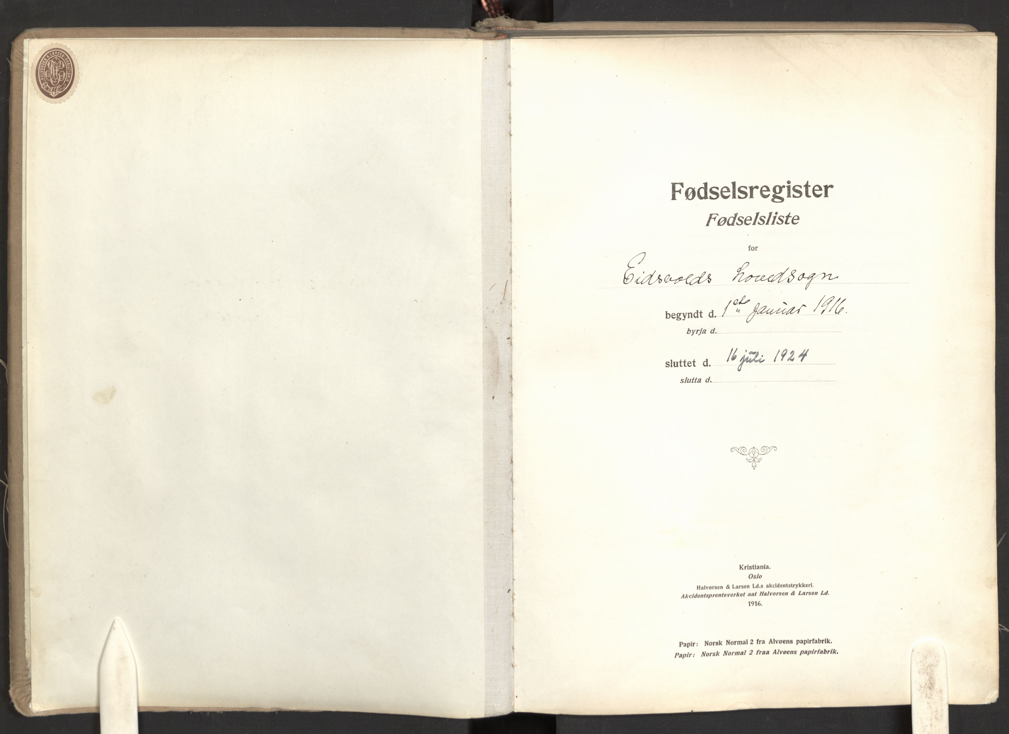 Eidsvoll prestekontor Kirkebøker, SAO/A-10888: Birth register no. I 1, 1916-1924