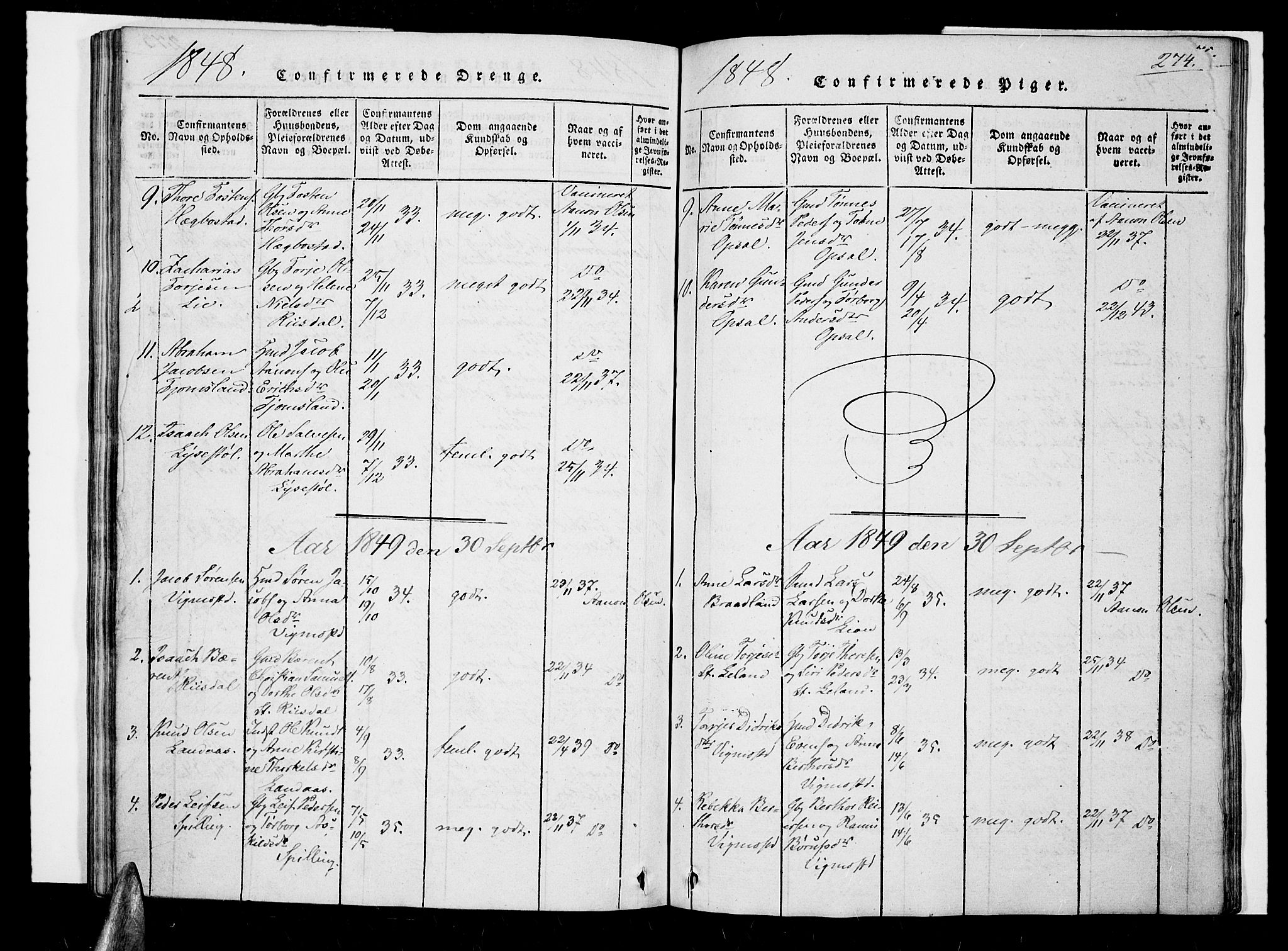 Nord-Audnedal sokneprestkontor, SAK/1111-0032/F/Fa/Fab/L0001: Parish register (official) no. A 1, 1816-1858, p. 274