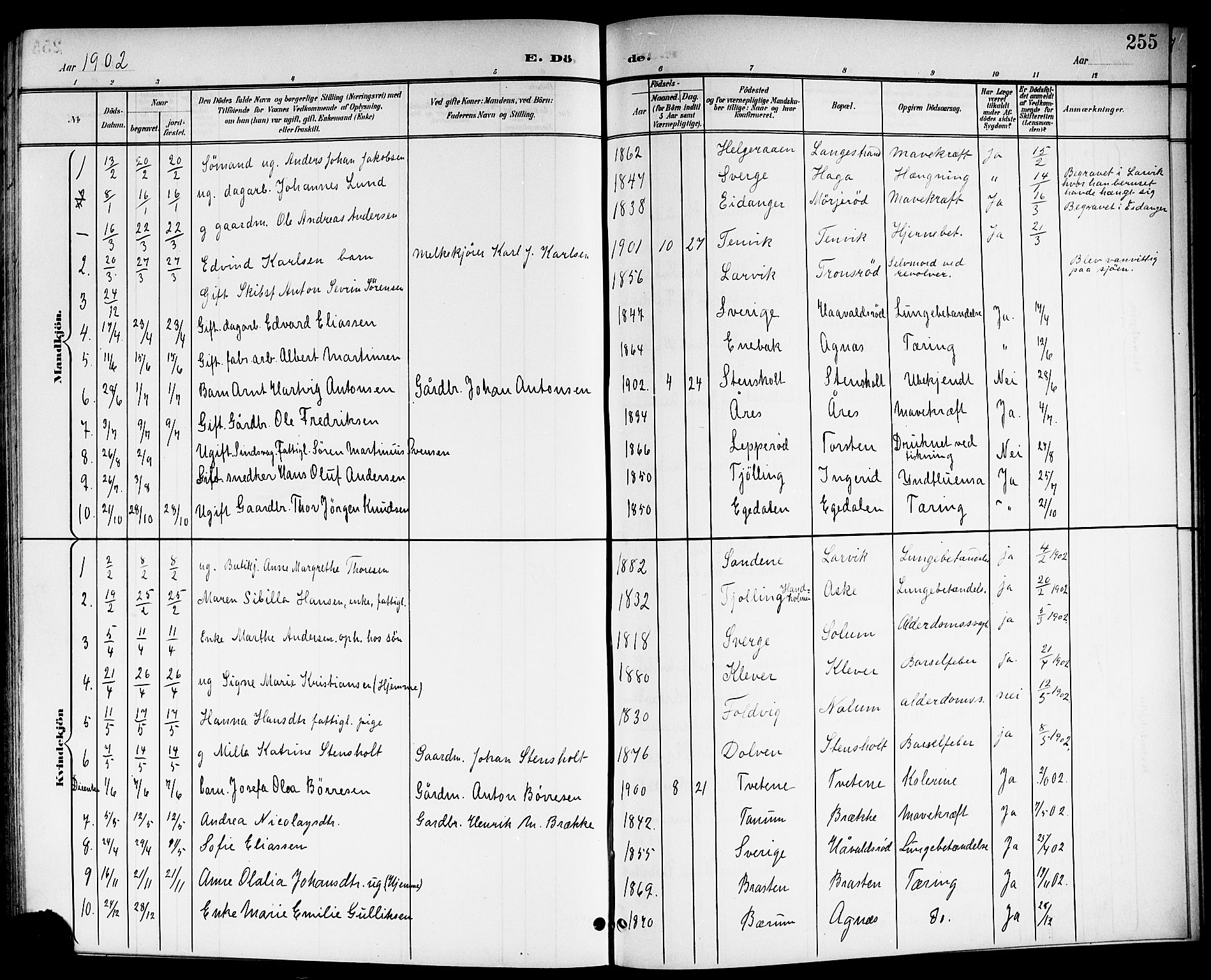 Brunlanes kirkebøker, SAKO/A-342/G/Ga/L0004: Parish register (copy) no. I 4, 1898-1921, p. 255