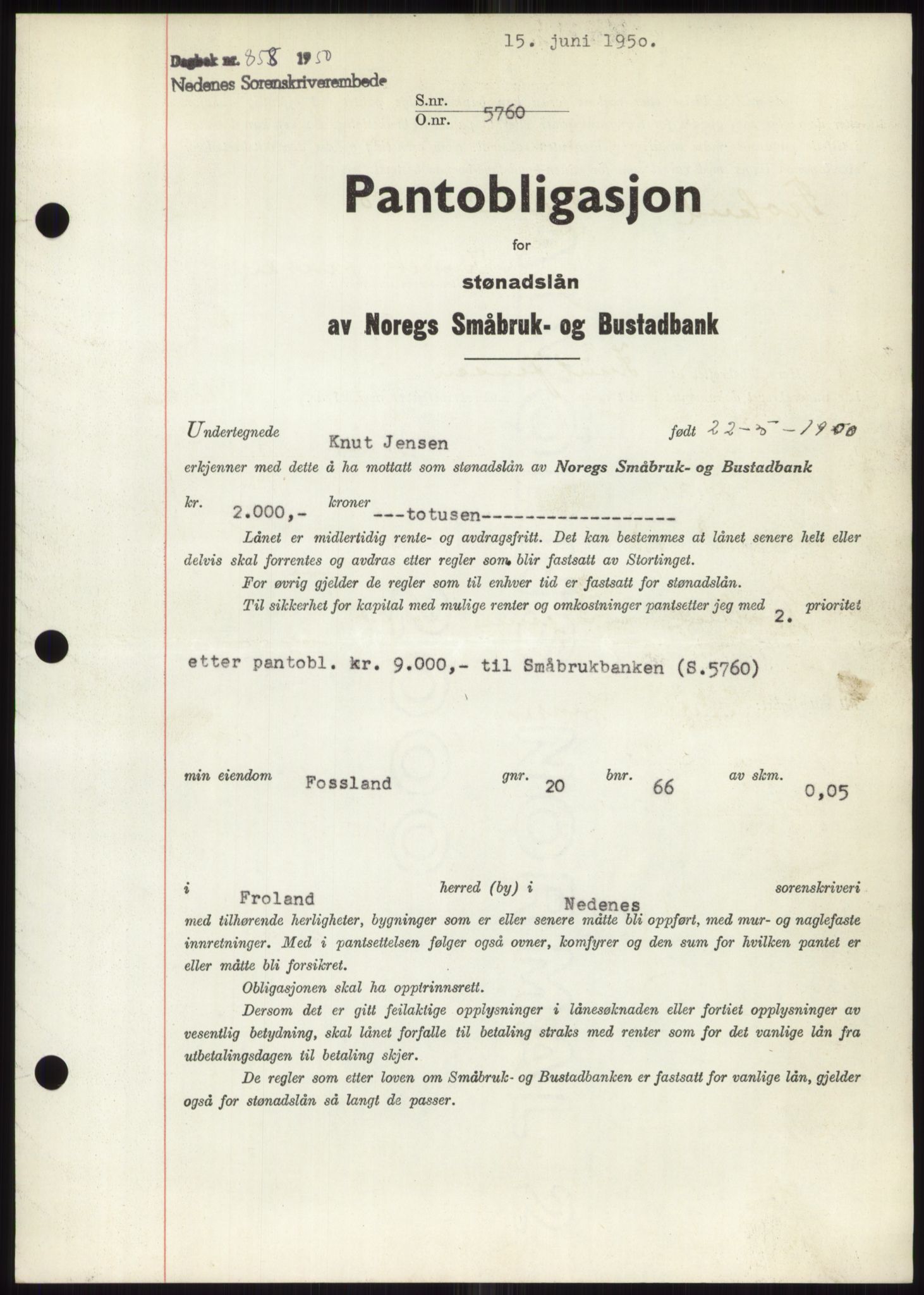 Nedenes sorenskriveri, AV/SAK-1221-0006/G/Gb/Gbb/L0007: Mortgage book no. B7, 1949-1950, Diary no: : 858/1950