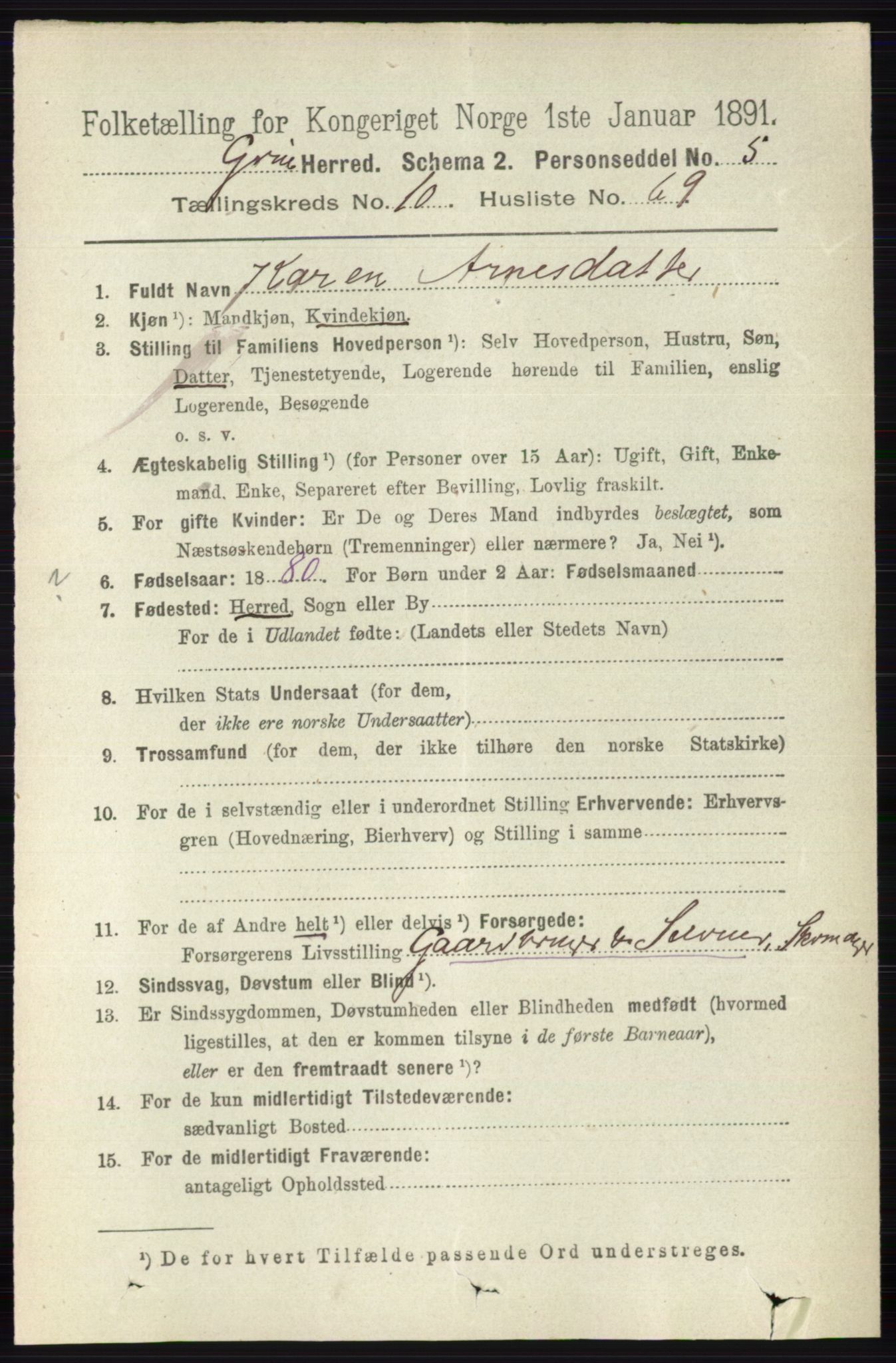 RA, 1891 census for 0423 Grue, 1891, p. 5812