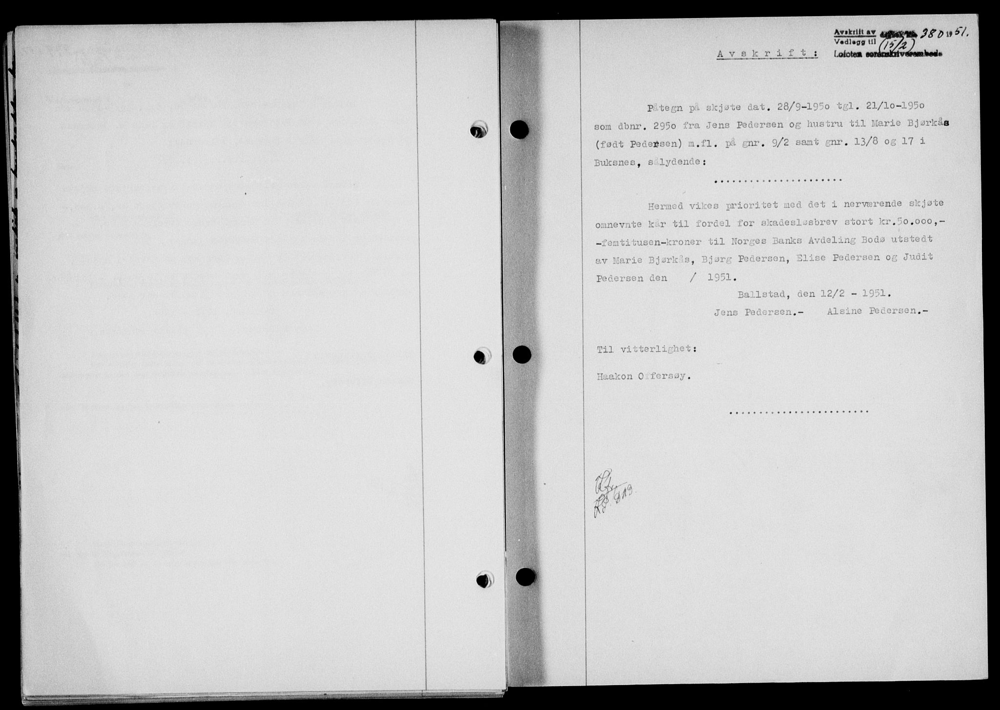 Lofoten sorenskriveri, SAT/A-0017/1/2/2C/L0025a: Mortgage book no. 25a, 1950-1951, Diary no: : 280/1951