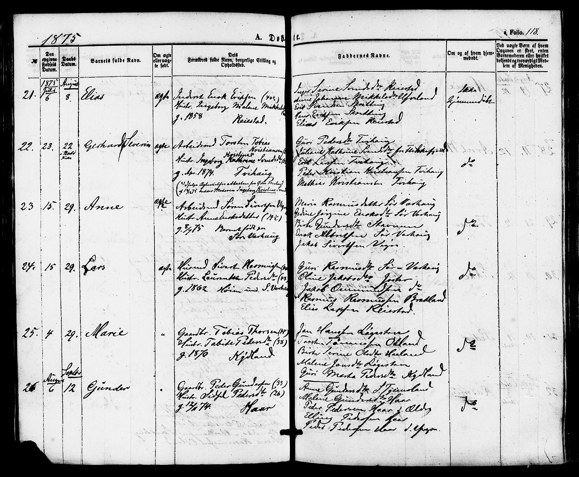 Hå sokneprestkontor, SAST/A-101801/001/30BA/L0009: Parish register (official) no. A 8, 1855-1878, p. 118