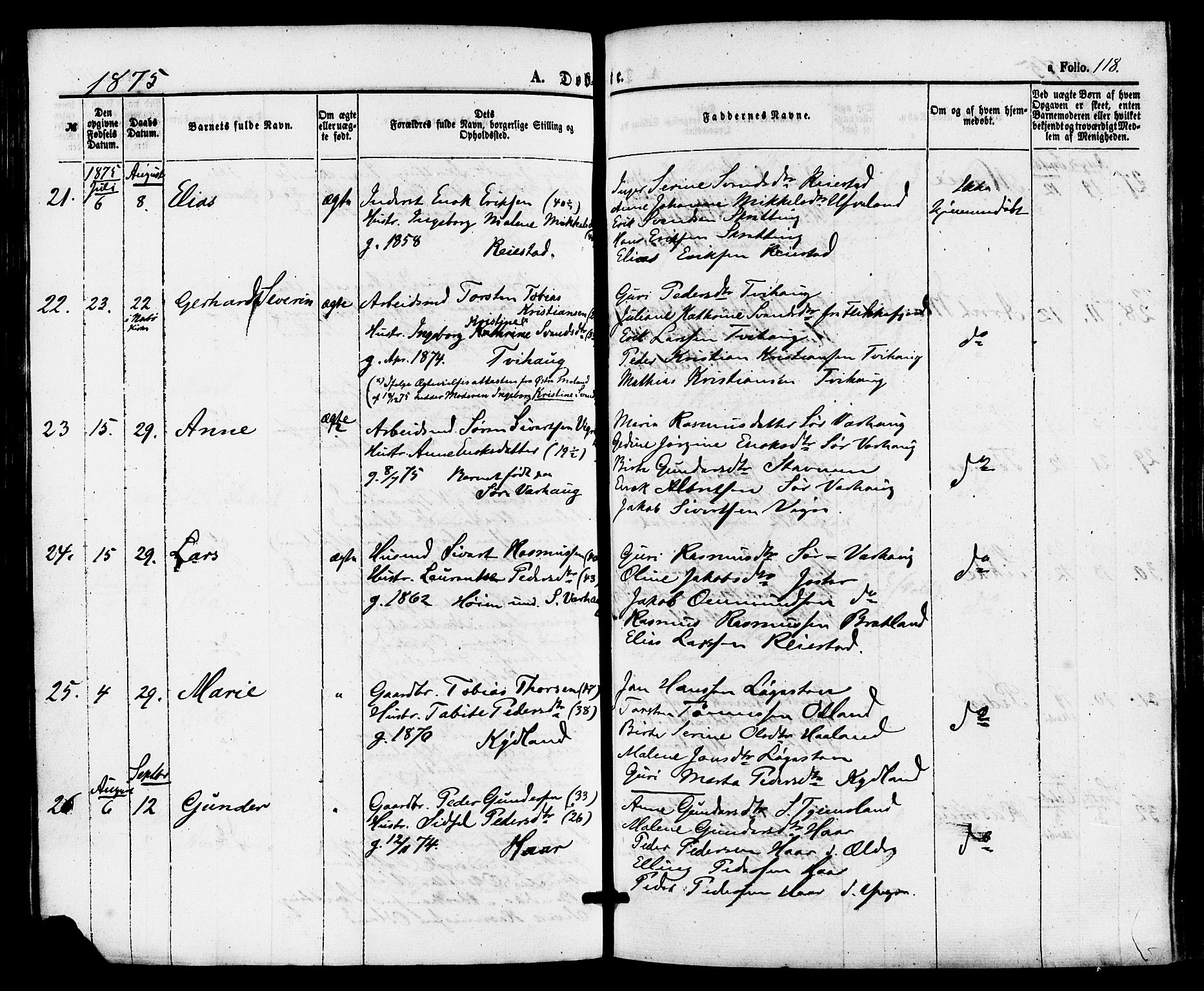 Hå sokneprestkontor, AV/SAST-A-101801/001/30BA/L0009: Parish register (official) no. A 8, 1855-1878, p. 118