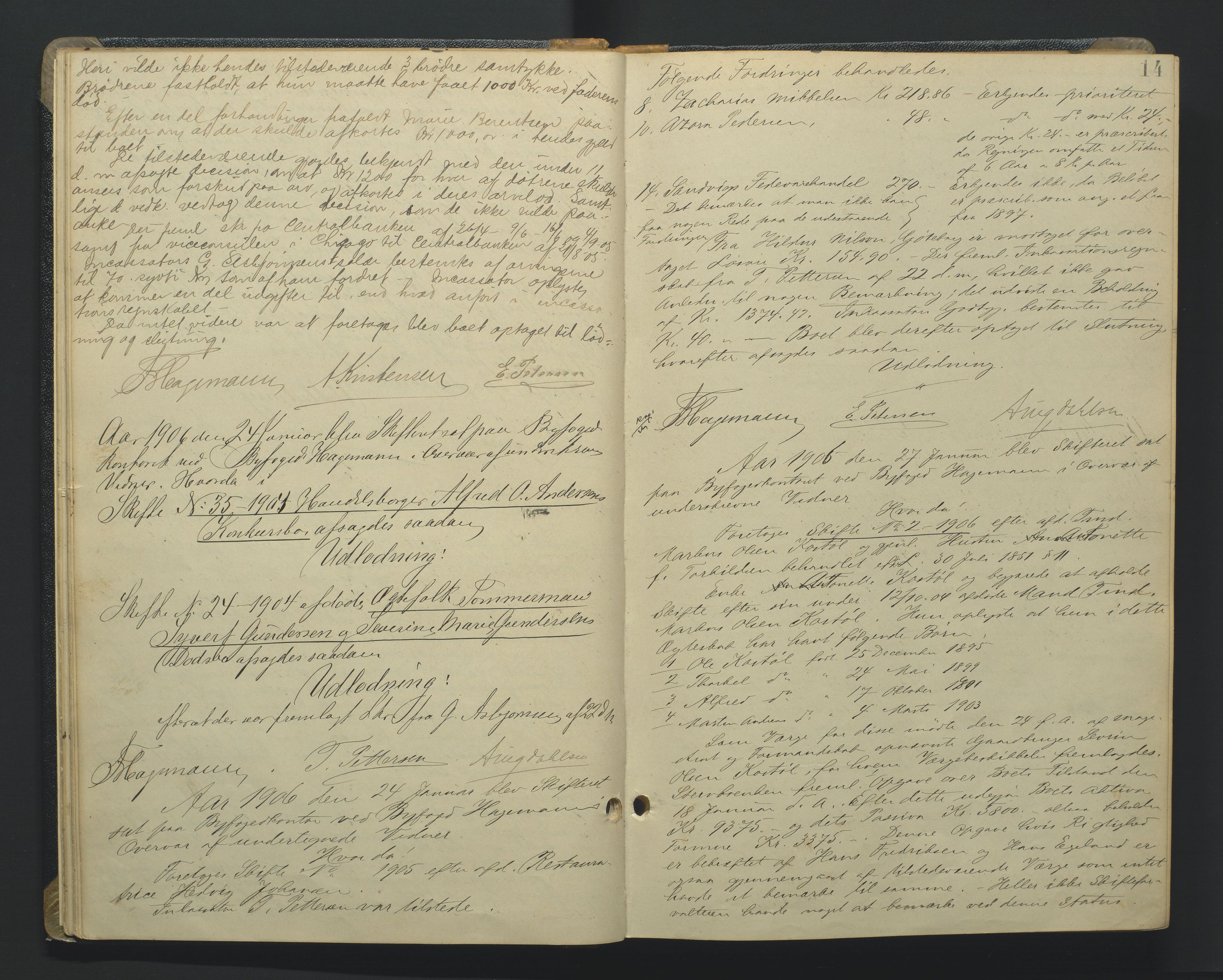 Kristiansand byrett, AV/SAK-1223-0001/H/Hc/L0048: Skifteforhandlingsprotokoll nr. 8, med register, 1905-1913, p. 14