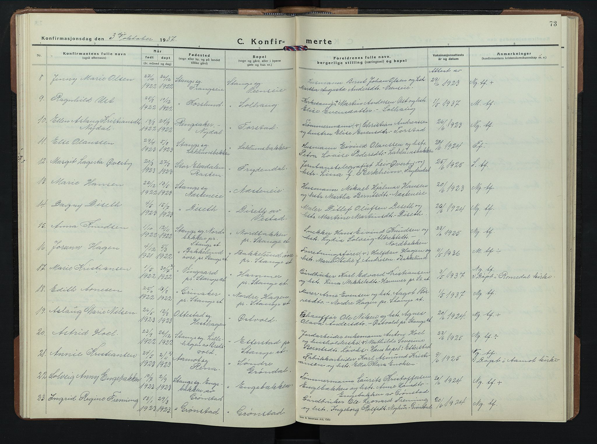 Stange prestekontor, AV/SAH-PREST-002/L/L0020: Parish register (copy) no. 20, 1936-1947, p. 73