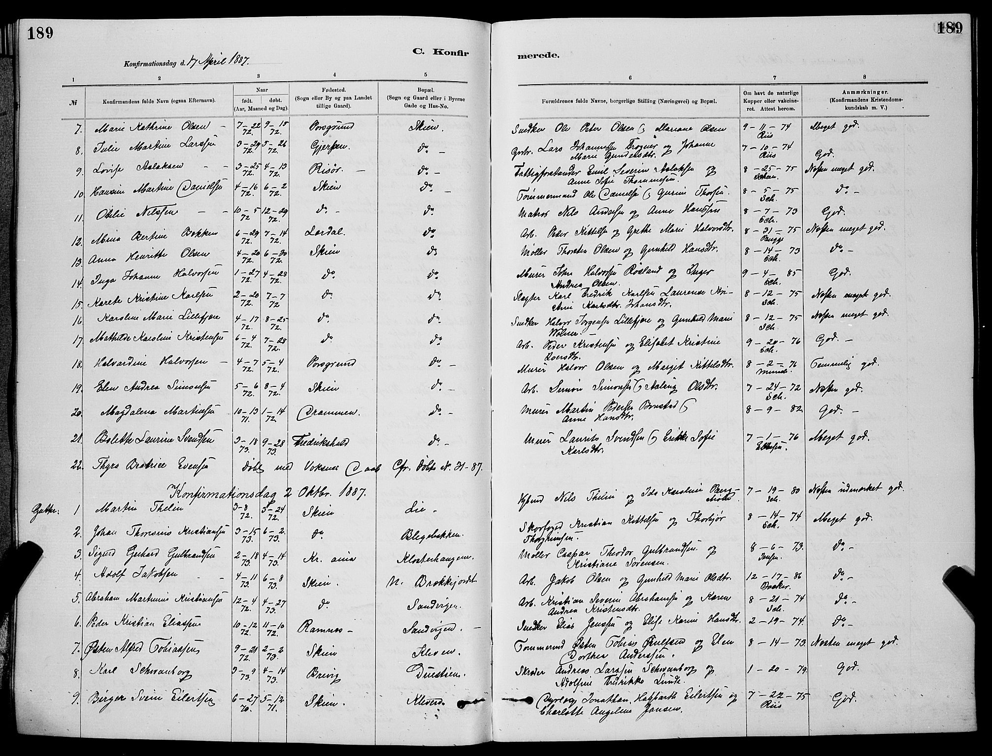Skien kirkebøker, SAKO/A-302/G/Ga/L0006: Parish register (copy) no. 6, 1881-1890, p. 189
