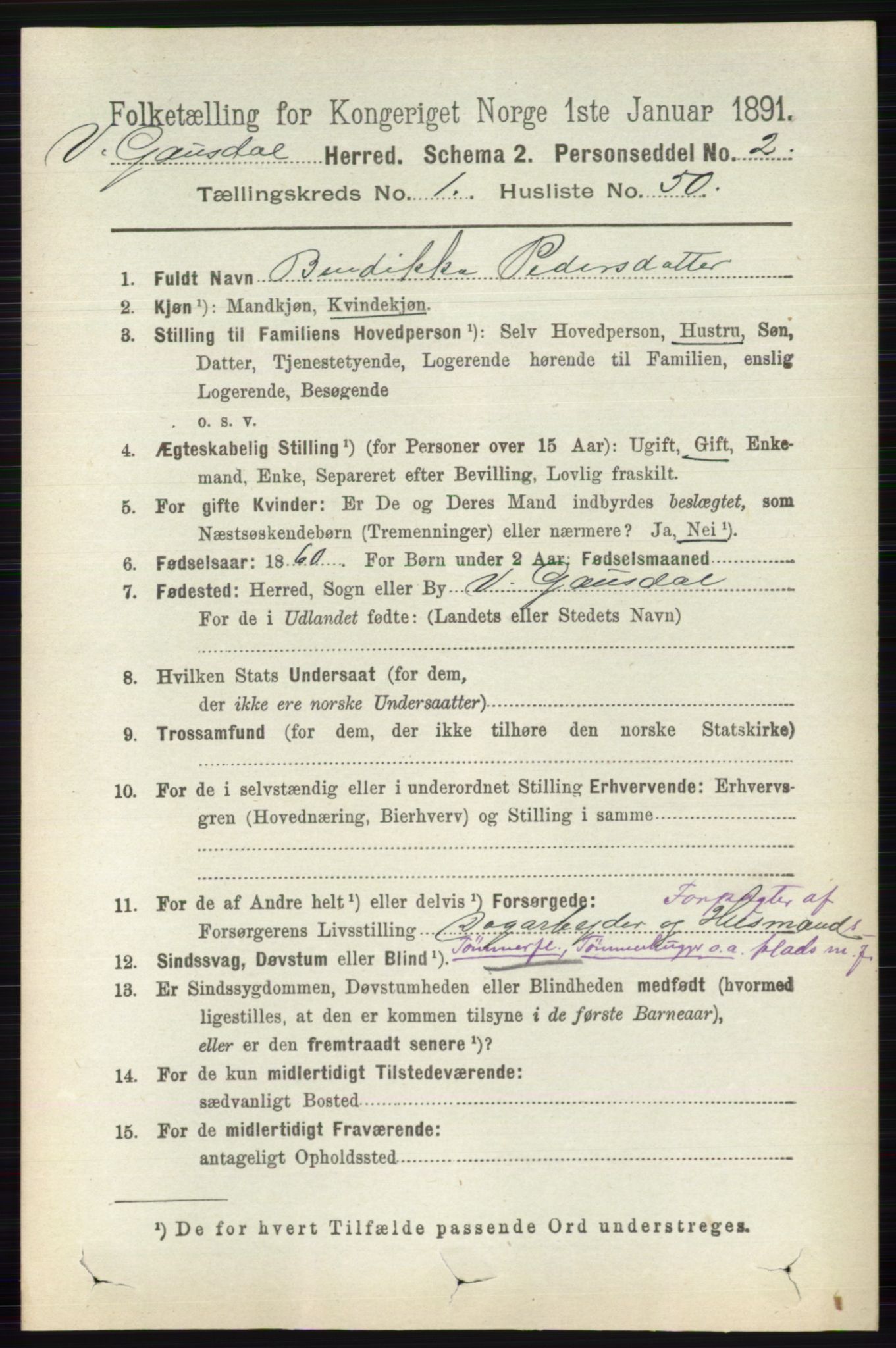 RA, 1891 census for 0523 Vestre Gausdal, 1891, p. 352