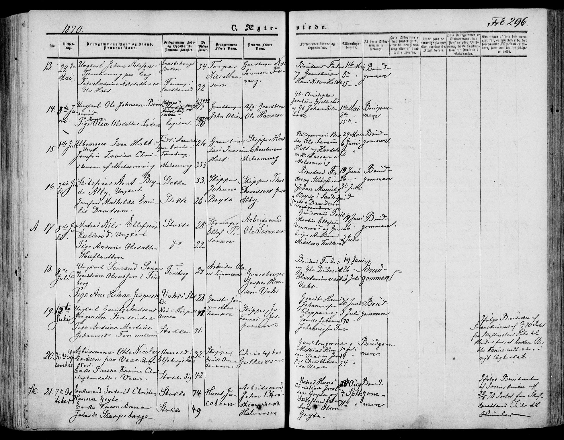 Stokke kirkebøker, AV/SAKO-A-320/F/Fa/L0008: Parish register (official) no. I 8, 1858-1871, p. 296