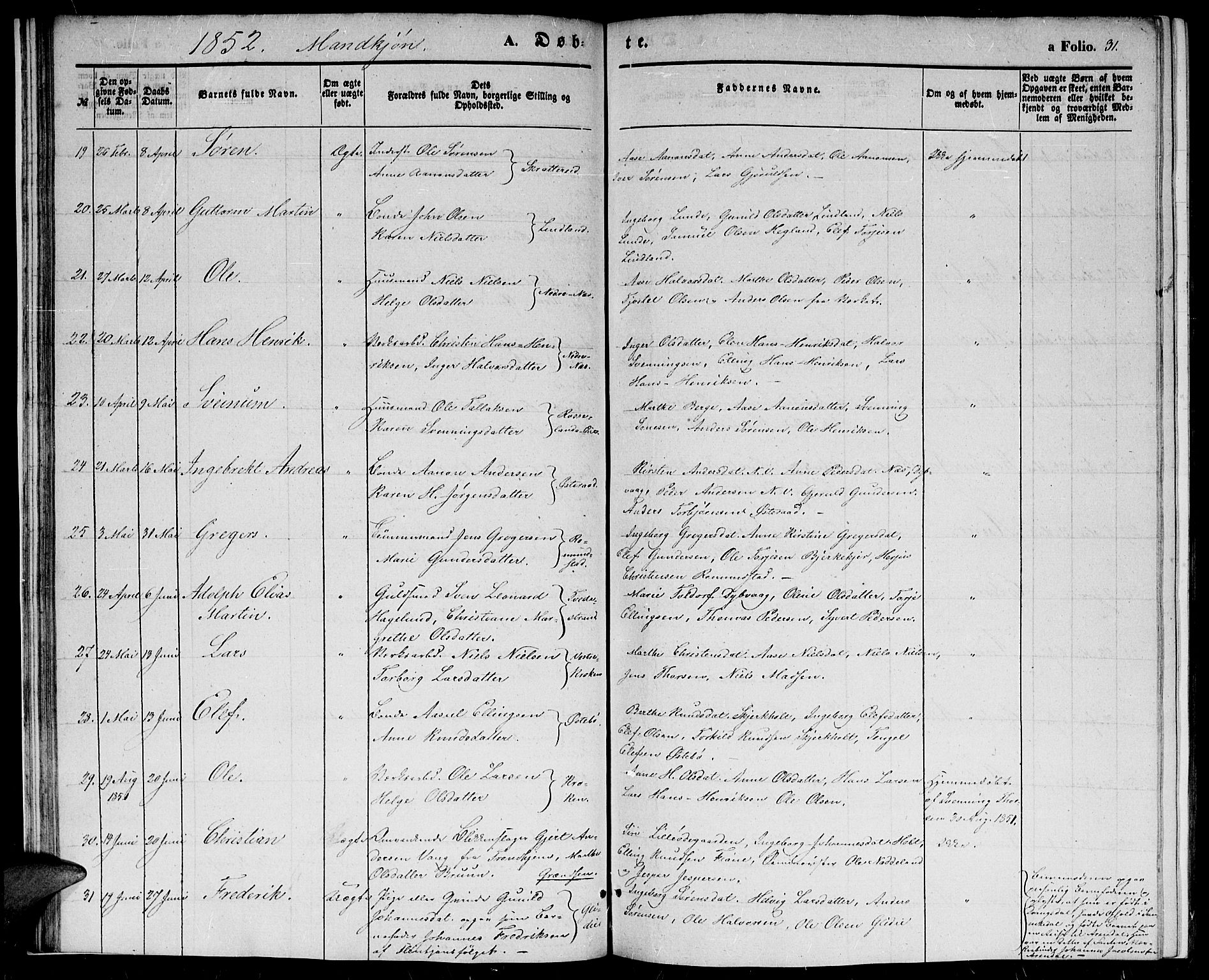 Holt sokneprestkontor, AV/SAK-1111-0021/F/Fb/L0007: Parish register (copy) no. B 7, 1849-1858, p. 31