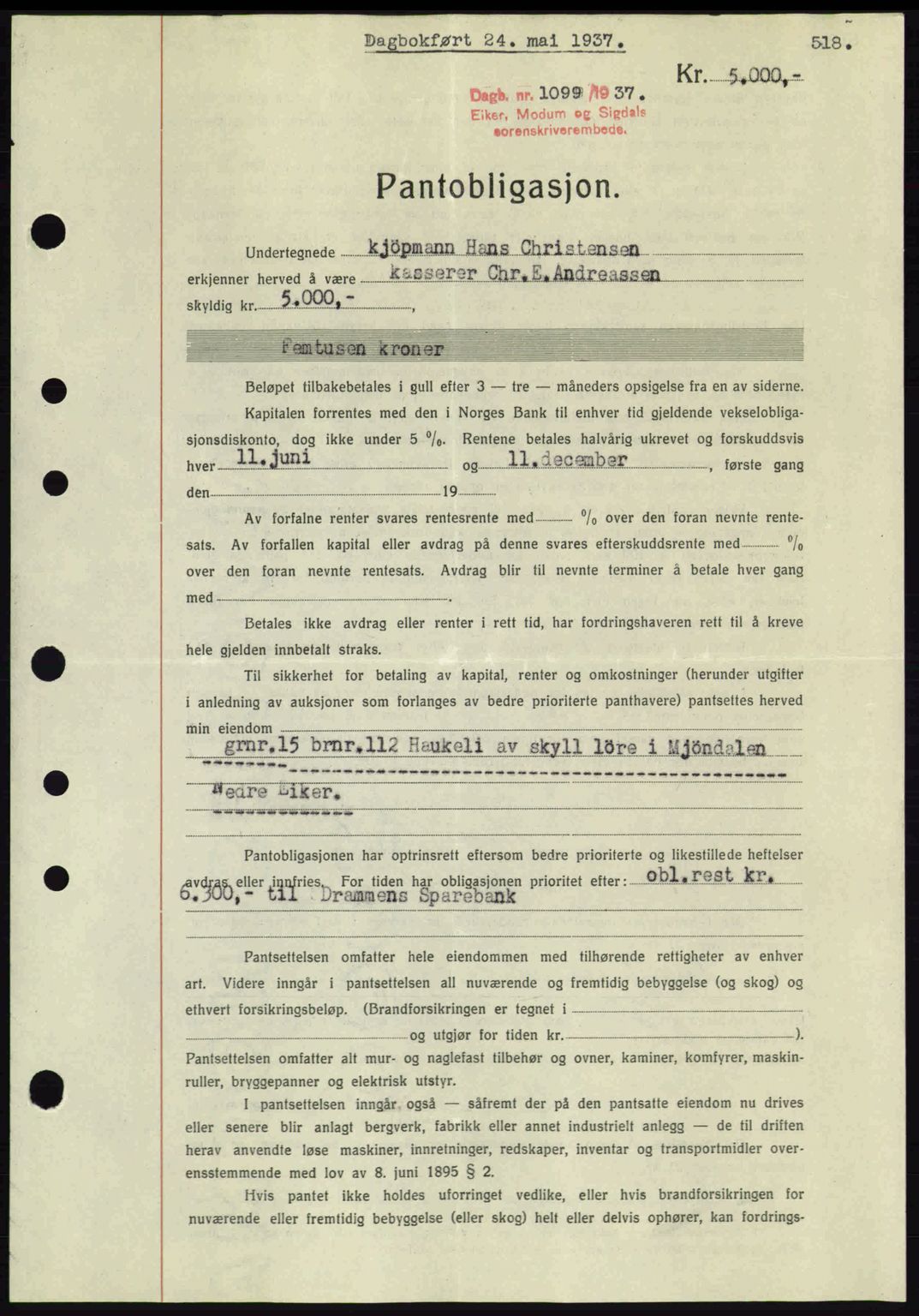 Eiker, Modum og Sigdal sorenskriveri, SAKO/A-123/G/Ga/Gab/L0035: Mortgage book no. A5, 1937-1937, Diary no: : 1099/1937