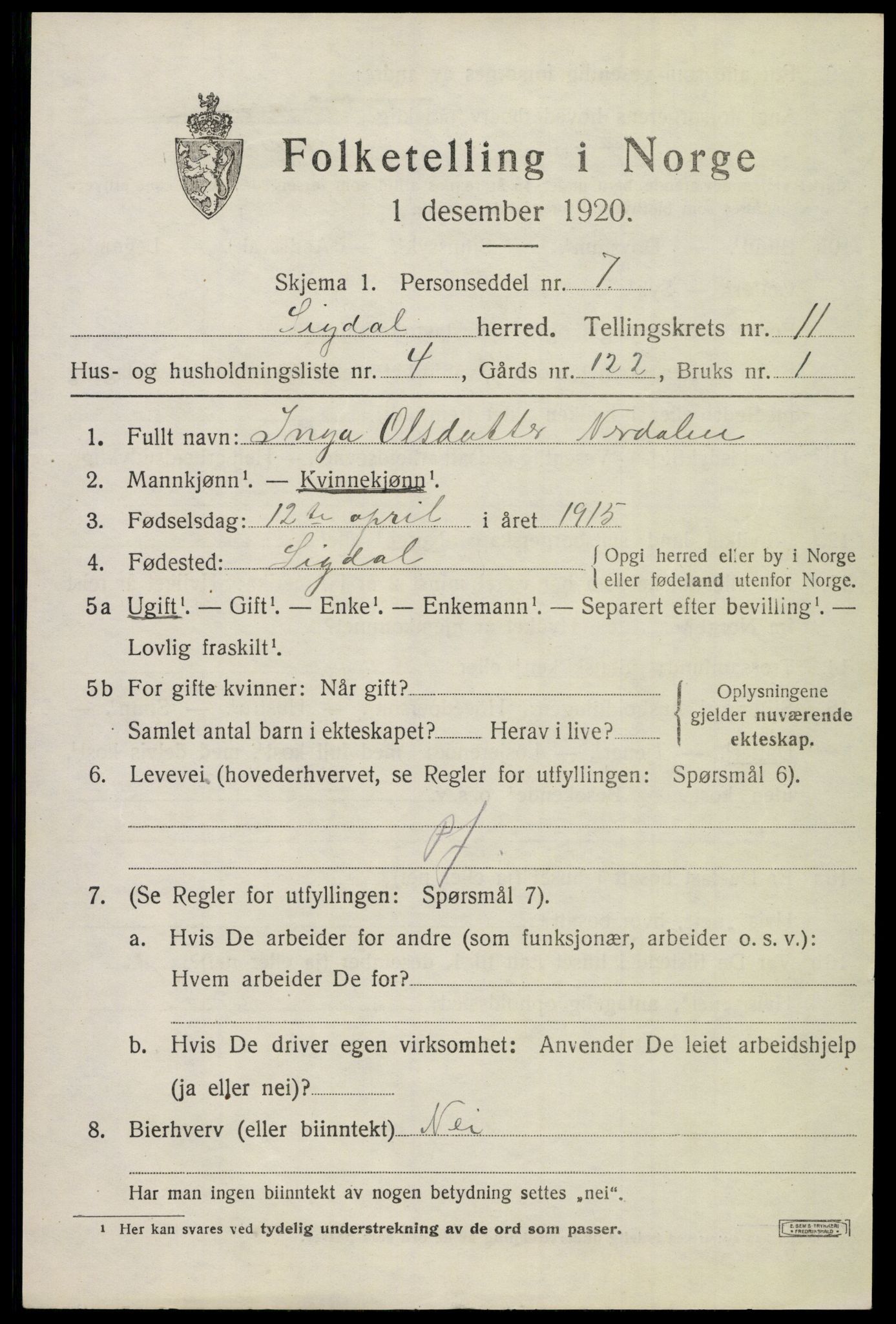 SAKO, 1920 census for Sigdal, 1920, p. 7626