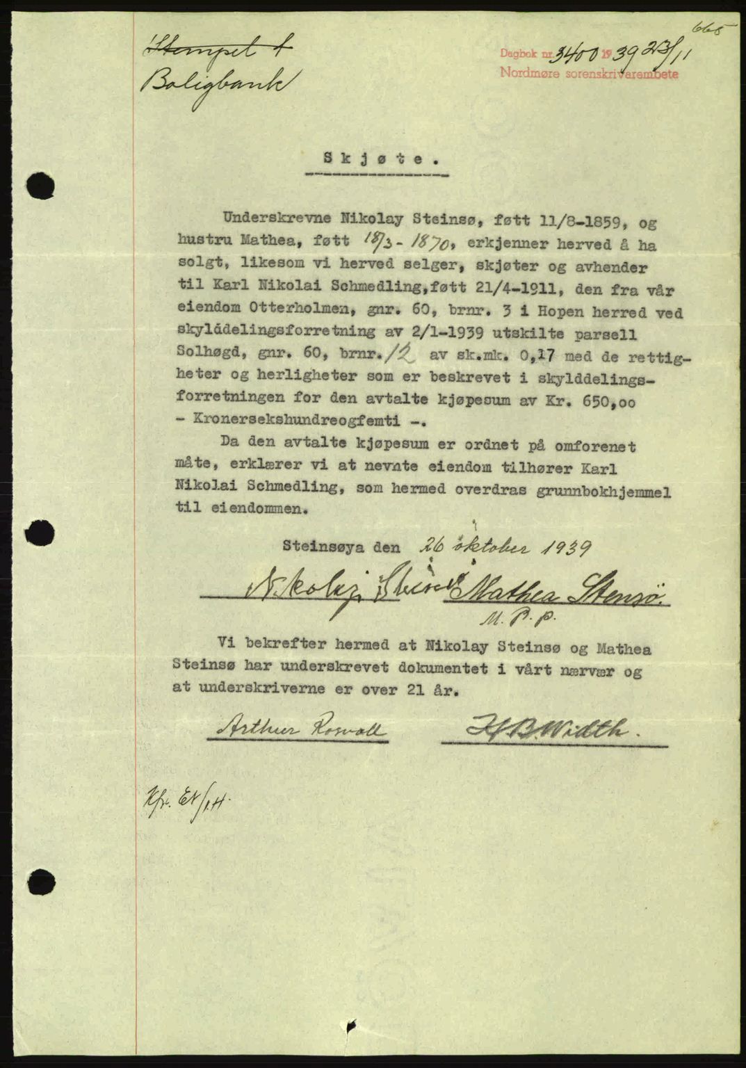 Nordmøre sorenskriveri, AV/SAT-A-4132/1/2/2Ca: Mortgage book no. A87, 1939-1940, Diary no: : 3400/1939