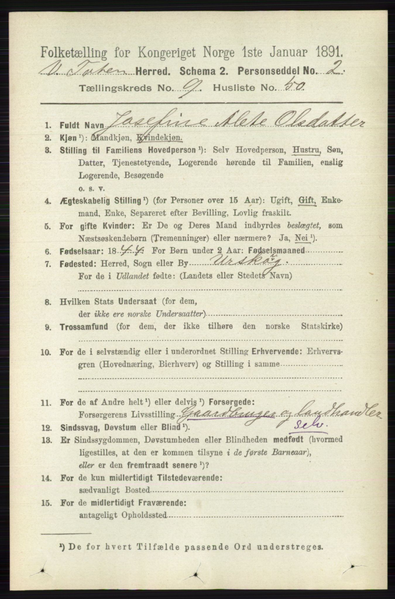 RA, 1891 census for 0529 Vestre Toten, 1891, p. 5870