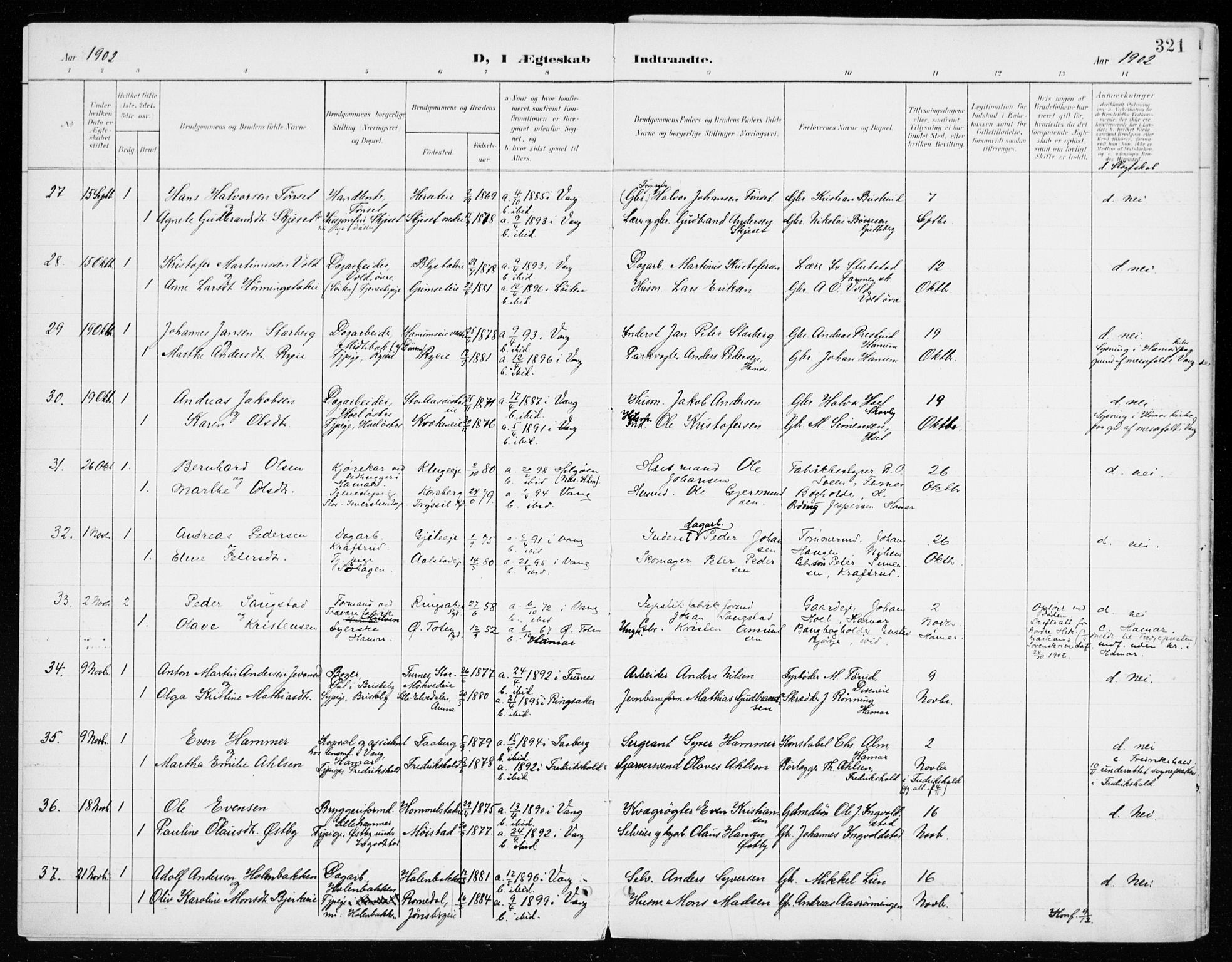 Vang prestekontor, Hedmark, AV/SAH-PREST-008/H/Ha/Haa/L0021: Parish register (official) no. 21, 1902-1917, p. 321