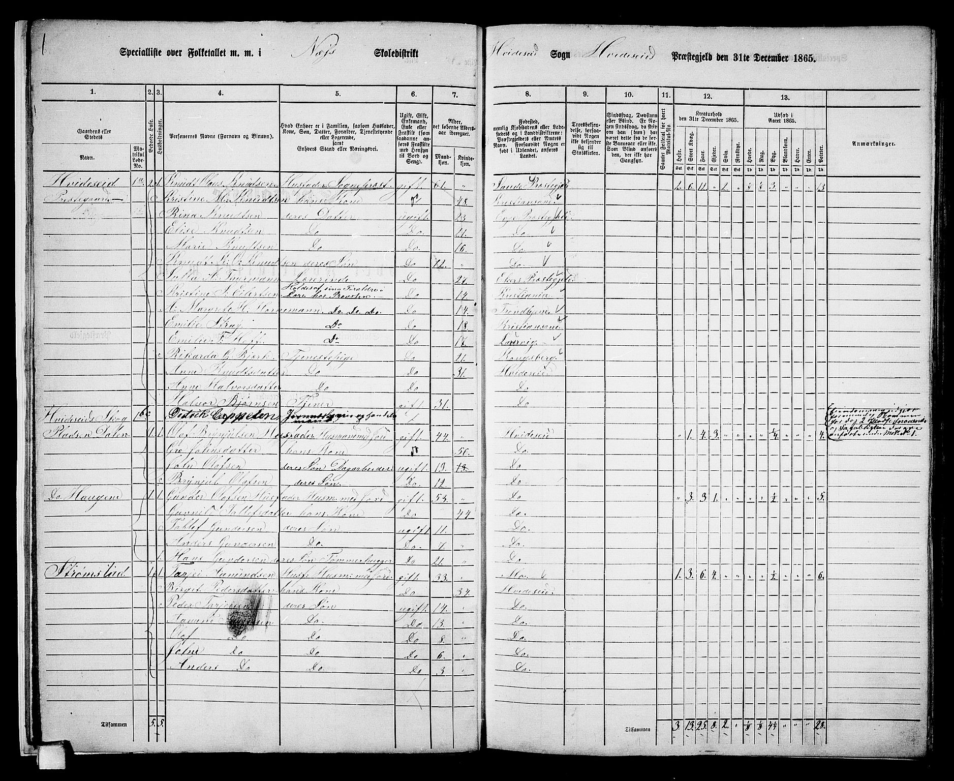 RA, 1865 census for Kviteseid, 1865, p. 12